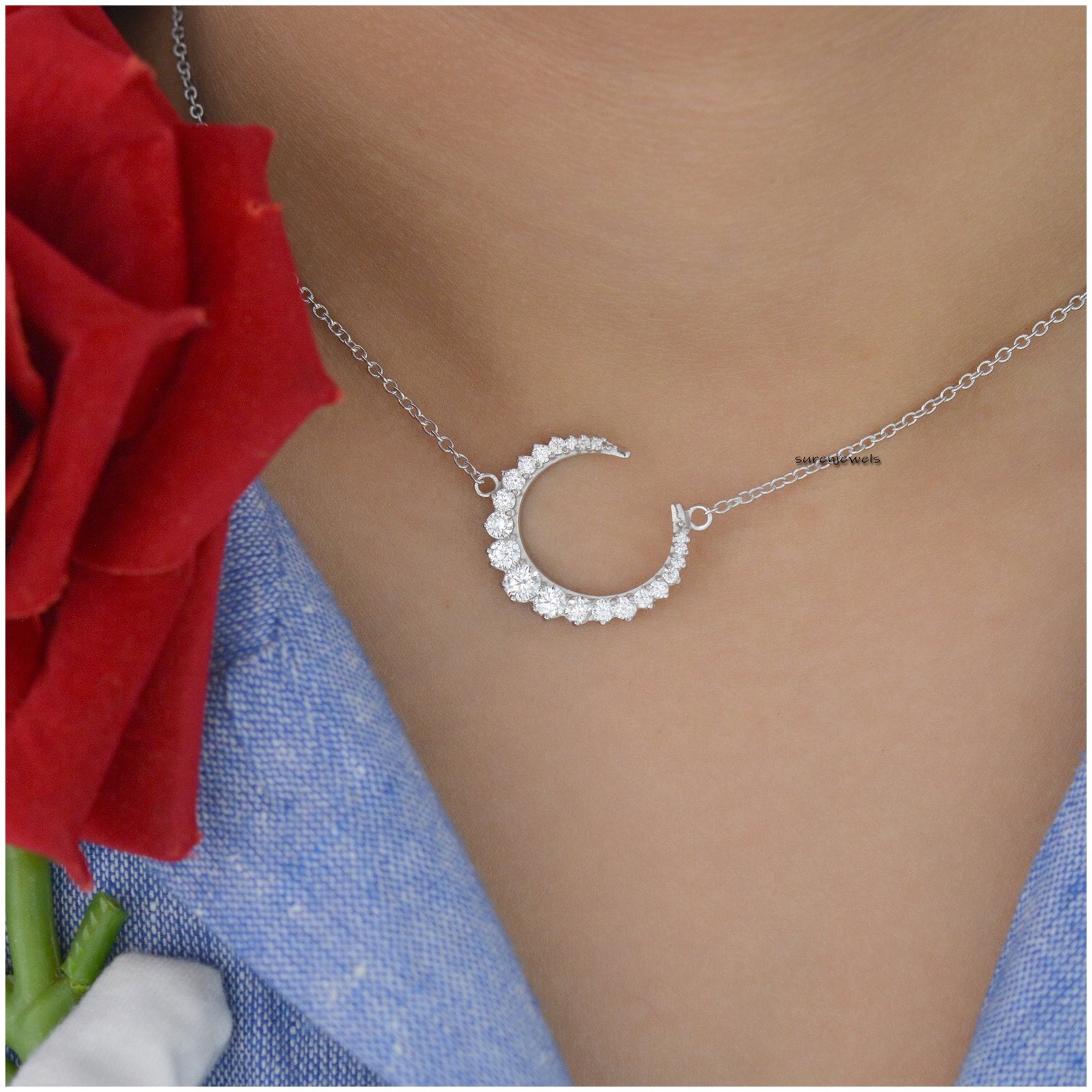 925 Silver Moissanite Crescent Moon Necklace - View 4 - Suren Jewels | SKU: SJN687-SLWGMN-16I 925 Silver Moissanite Crescent Moon Necklace - View 4 - Suren Jewels | SKU: SJN687-SLWGMN-16I