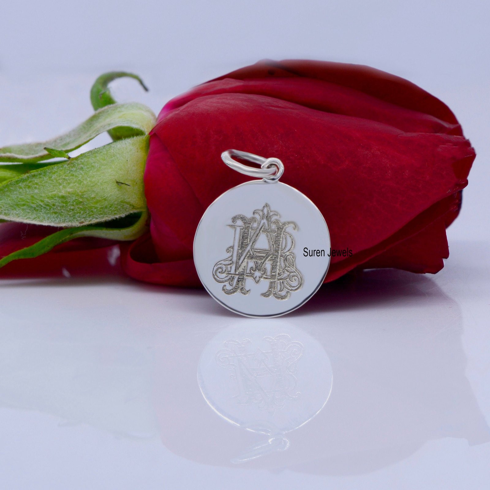 925 Silver Monogram Disc Pendant: Personalized Initial Charm (15mm) - View 2 - Suren Jewels | SKU: SJP744-SLNS-AH 925 Silver Monogram Disc Pendant: Personalized Initial Charm (15mm) - View 2 - Suren Jewels | SKU: SJP744-SLNS-AH