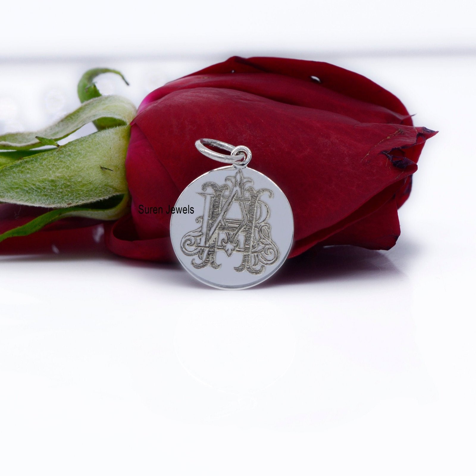 925 Silver Monogram Disc Pendant: Personalized Initial Charm (15mm) - View 3 - Suren Jewels | SKU: SJP744-SLNS-AH 925 Silver Monogram Disc Pendant: Personalized Initial Charm (15mm) - View 3 - Suren Jewels | SKU: SJP744-SLNS-AH