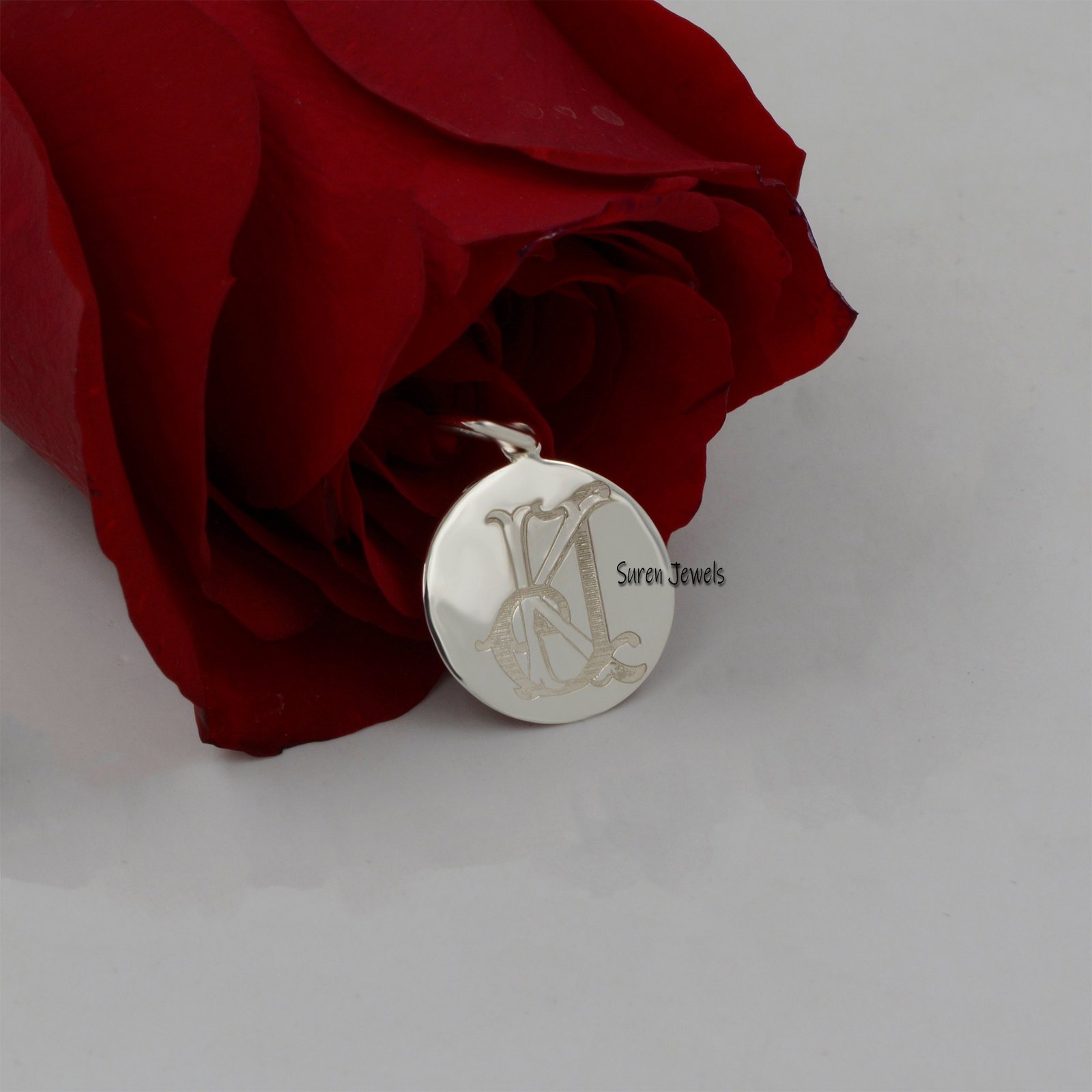 925 Silver Monogram Disc Pendant: Personalized Initial Charm (15mm) - View 6 - Suren Jewels | SKU: SJP744-SLNS-AH 925 Silver Monogram Disc Pendant: Personalized Initial Charm (15mm) - View 6 - Suren Jewels | SKU: SJP744-SLNS-AH