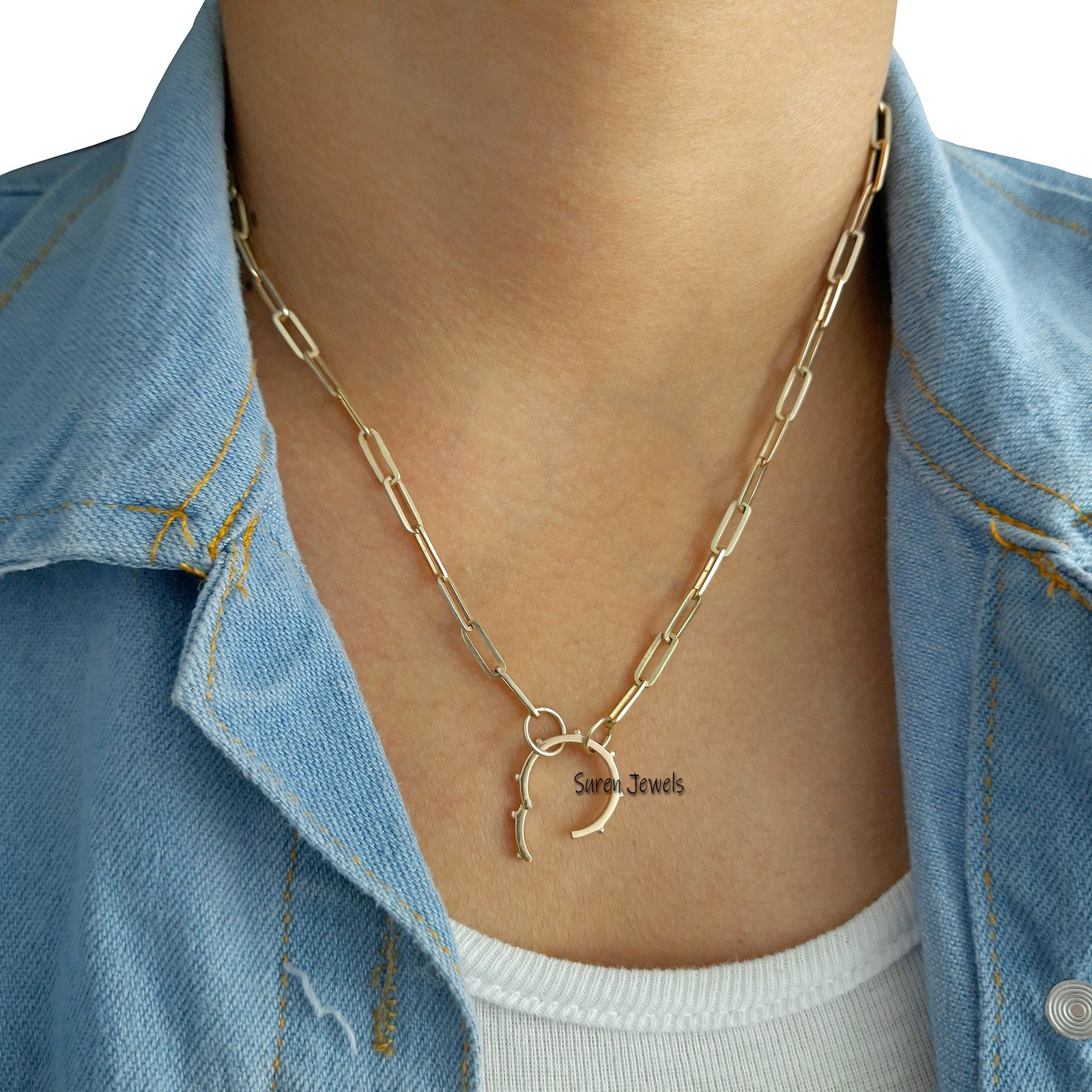 925 Silver Paperclip Chain Necklace: Enhancer Lock Charm Holder - Suren Jewels | SKU: SJP448-SLYG-N47-18I-925 925 Silver Paperclip Chain Necklace: Enhancer Lock Charm Holder - Suren Jewels | SKU: SJP448-SLYG-N47-18I-925