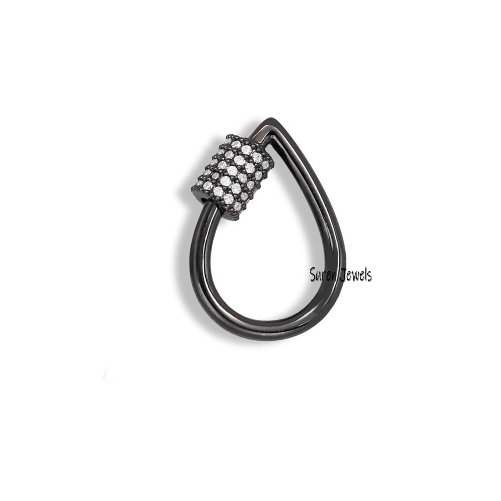 925 Silver Pear Carabiner Lock, Diamond Drop Lock (20x14 mm) - View 6 - Suren Jewels | SKU: SJC92-SLYGDI 925 Silver Pear Carabiner Lock, Diamond Drop Lock (20x14 mm) - View 6 - Suren Jewels | SKU: SJC92-SLYGDI