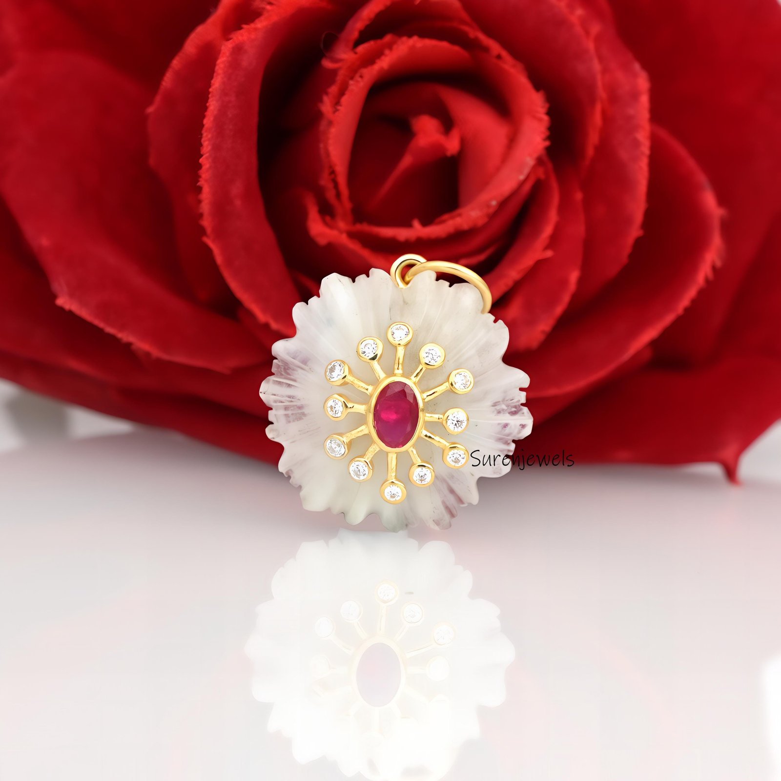 925 Silver Pink Opal Flower Pendant: Carved Floral Charm - View 2 - Suren Jewels | SKU: SJP4383-SLYGMSCZRUCZ-25M 925 Silver Pink Opal Flower Pendant: Carved Floral Charm - View 2 - Suren Jewels | SKU: SJP4383-SLYGMSCZRUCZ-25M