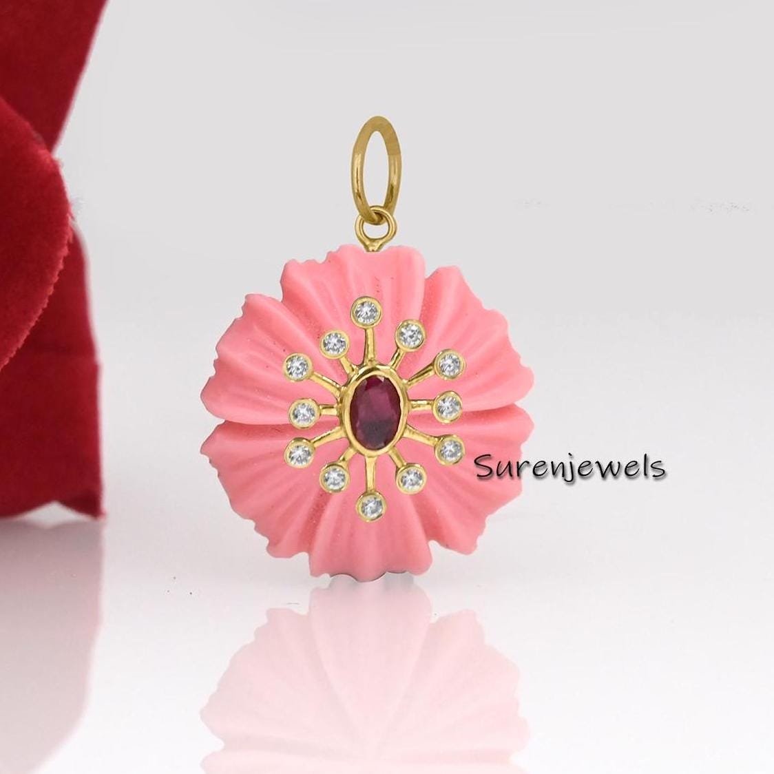 925 Silver Pink Opal Flower Pendant: Carved Floral Charm - View 4 - Suren Jewels | SKU: SJP4383-SLYGMSCZRUCZ-25M 925 Silver Pink Opal Flower Pendant: Carved Floral Charm - View 4 - Suren Jewels | SKU: SJP4383-SLYGMSCZRUCZ-25M