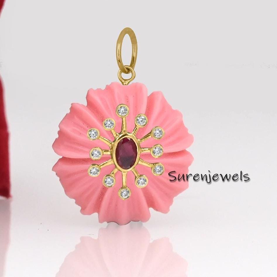 925 Silver Pink Opal Flower Pendant: Carved Floral Charm - View 5 - Suren Jewels | SKU: SJP4383-SLYGMSCZRUCZ-25M 925 Silver Pink Opal Flower Pendant: Carved Floral Charm - View 5 - Suren Jewels | SKU: SJP4383-SLYGMSCZRUCZ-25M