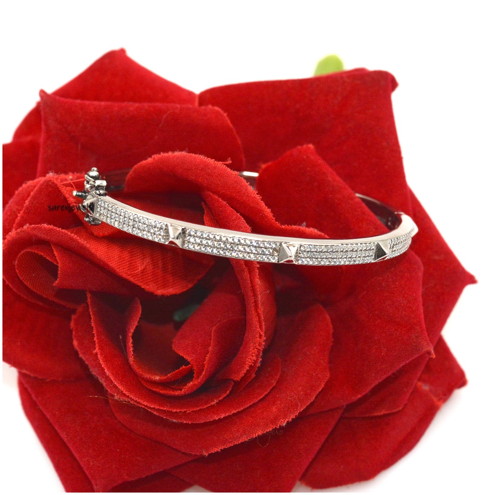 925 Silver Pyramid Spike Bangle: Diamond Accent - Suren Jewels | SKU: SJB65-SLYGCZ-6I 925 Silver Pyramid Spike Bangle: Diamond Accent - Suren Jewels | SKU: SJB65-SLYGCZ-6I