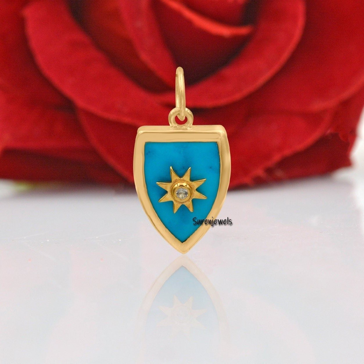 925 Silver Shield Pendant: Handmade Gemstone Lapis Paladin - View 2 - Suren Jewels | SKU: SJP1058-SLYGTQWT-25mm 925 Silver Shield Pendant: Handmade Gemstone Lapis Paladin - View 2 - Suren Jewels | SKU: SJP1058-SLYGTQWT-25mm