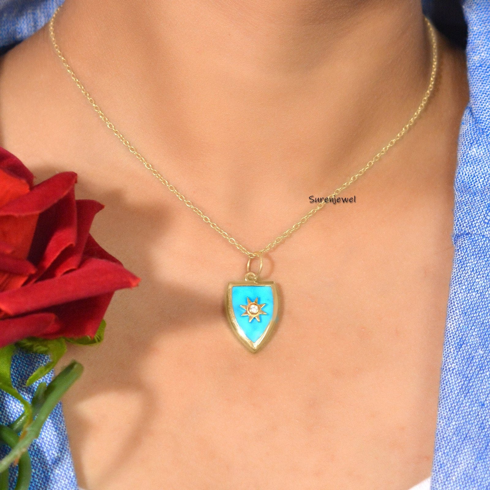 925 Silver Shield Pendant: Handmade Gemstone Lapis Paladin - View 4 - Suren Jewels | SKU: SJP1058-SLYGTQWT-25mm 925 Silver Shield Pendant: Handmade Gemstone Lapis Paladin - View 4 - Suren Jewels | SKU: SJP1058-SLYGTQWT-25mm