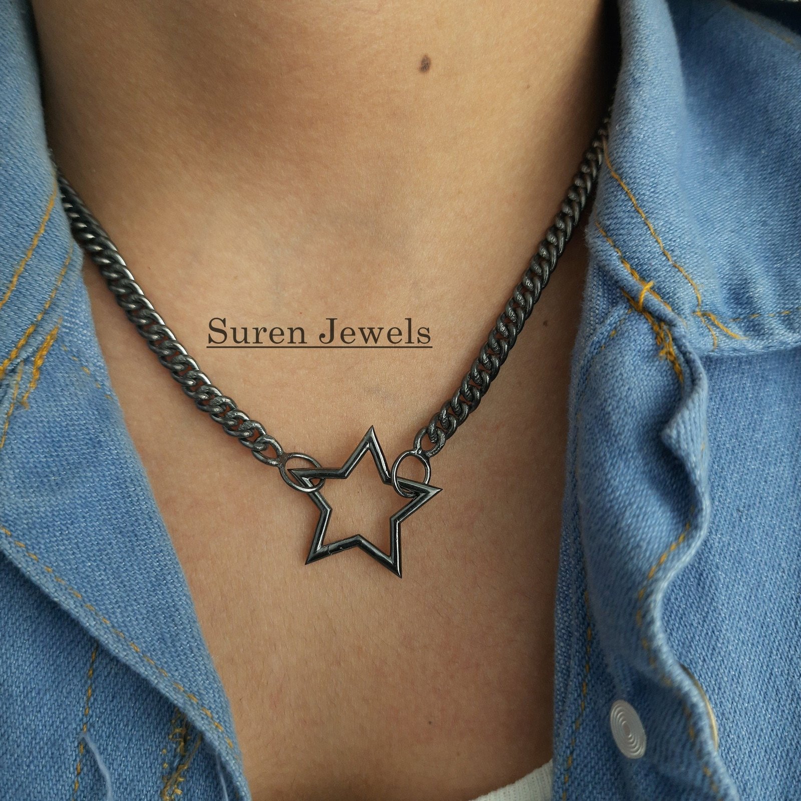 925 Silver Star Charm Holder: Clasp Link Lock Enhancer - View 3 - Suren Jewels | SKU: SJP508-SLRH-N22-18I 925 Silver Star Charm Holder: Clasp Link Lock Enhancer - View 3 - Suren Jewels | SKU: SJP508-SLRH-N22-18I