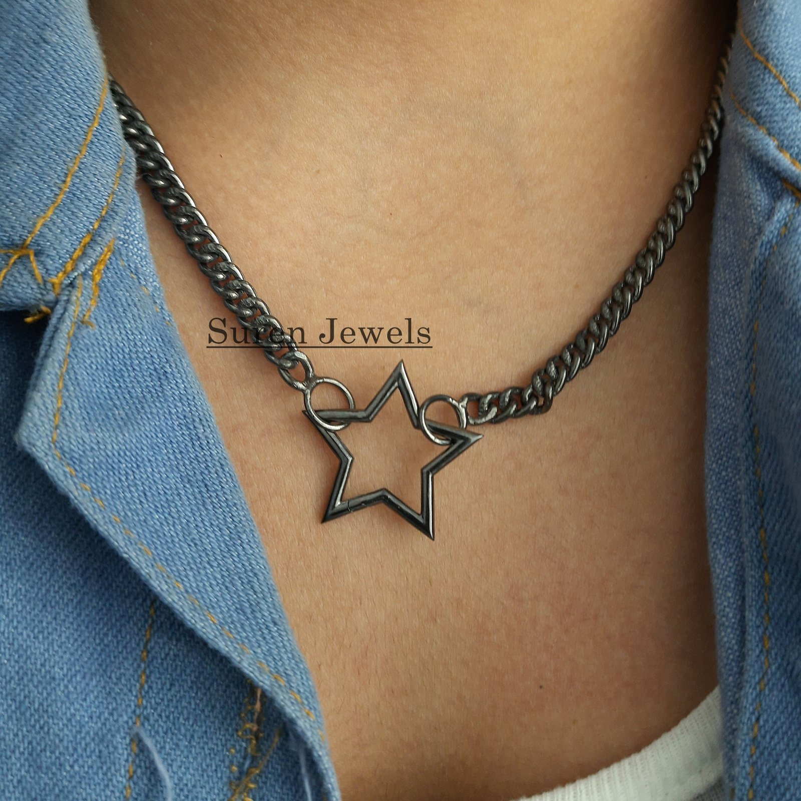 925 Silver Star Charm Holder: Clasp Link Lock Enhancer - View 5 - Suren Jewels | SKU: SJP508-SLRH-N22-18I 925 Silver Star Charm Holder: Clasp Link Lock Enhancer - View 5 - Suren Jewels | SKU: SJP508-SLRH-N22-18I