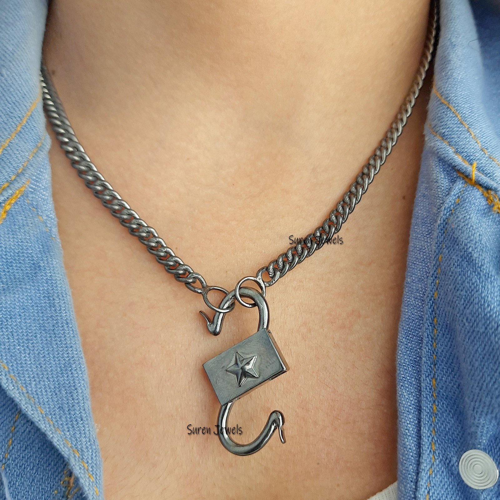 925 Silver Star Padlock Pendant: Designer Openable Charm - Suren Jewels | SKU: SJP31-SLRH-ST-N22-18I 925 Silver Star Padlock Pendant: Designer Openable Charm - Suren Jewels | SKU: SJP31-SLRH-ST-N22-18I