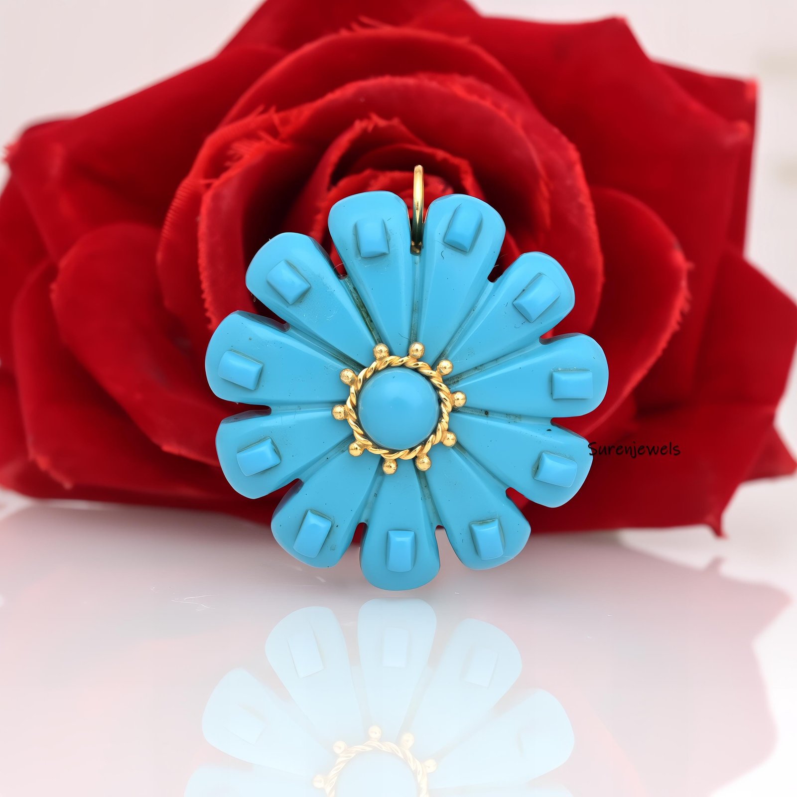 925 Silver Turquoise Flower Pendant: Hand Carved Coral Charm - Suren Jewels | SKU: SJP2795 925 Silver Turquoise Flower Pendant: Hand Carved Coral Charm - Suren Jewels | SKU: SJP2795