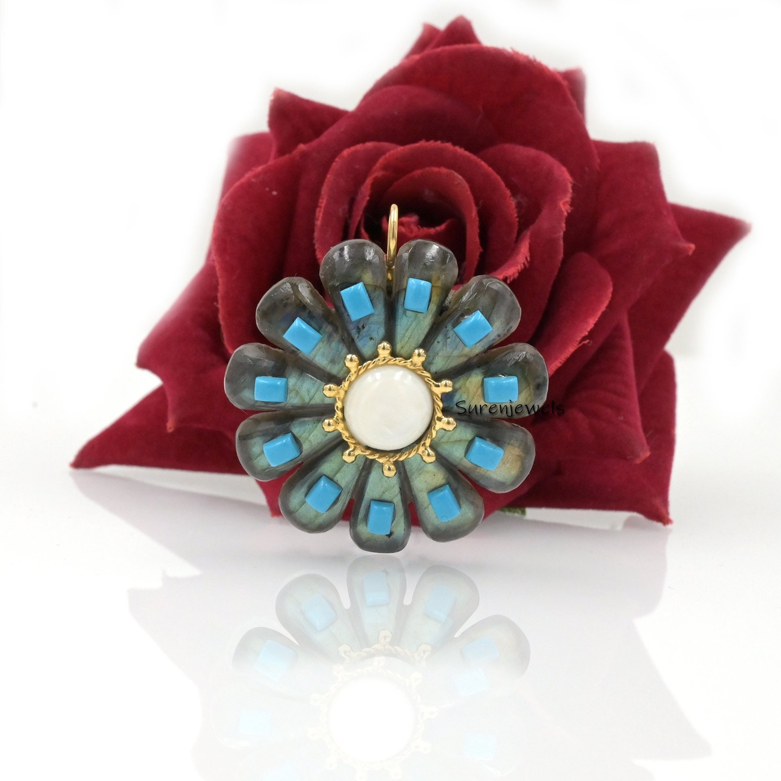 925 Silver Turquoise Flower Pendant: Hand Carved Coral Charm - View 3 - Suren Jewels | SKU: SJP2795 925 Silver Turquoise Flower Pendant: Hand Carved Coral Charm - View 3 - Suren Jewels | SKU: SJP2795