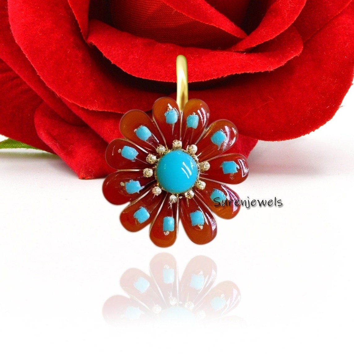 925 Silver Turquoise Flower Pendant: Hand Carved Coral Charm - View 5 - Suren Jewels | SKU: SJP2795 925 Silver Turquoise Flower Pendant: Hand Carved Coral Charm - View 5 - Suren Jewels | SKU: SJP2795