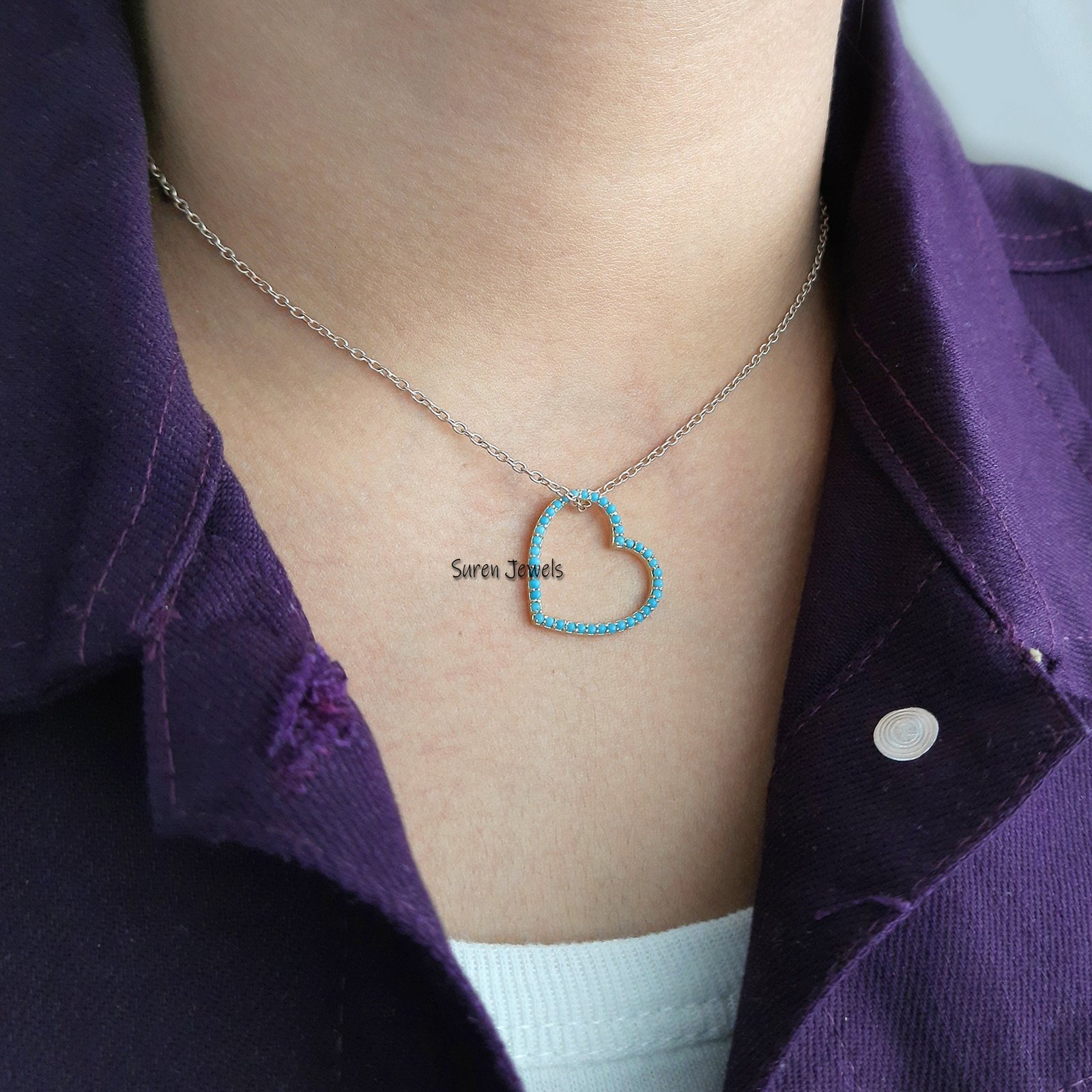 925 Silver Turquoise Heart Pendant: Dainty Valentine's Gift - View 2 - Suren Jewels | SKU: SJP530-SLYGTQ-N41-18I 925 Silver Turquoise Heart Pendant: Dainty Valentine's Gift - View 2 - Suren Jewels | SKU: SJP530-SLYGTQ-N41-18I