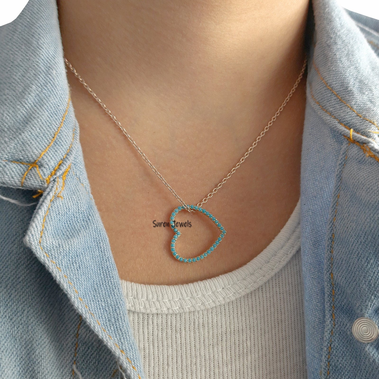 925 Silver Turquoise Heart Pendant: Dainty Valentine's Gift - View 3 - Suren Jewels | SKU: SJP530-SLYGTQ-N41-18I 925 Silver Turquoise Heart Pendant: Dainty Valentine's Gift - View 3 - Suren Jewels | SKU: SJP530-SLYGTQ-N41-18I