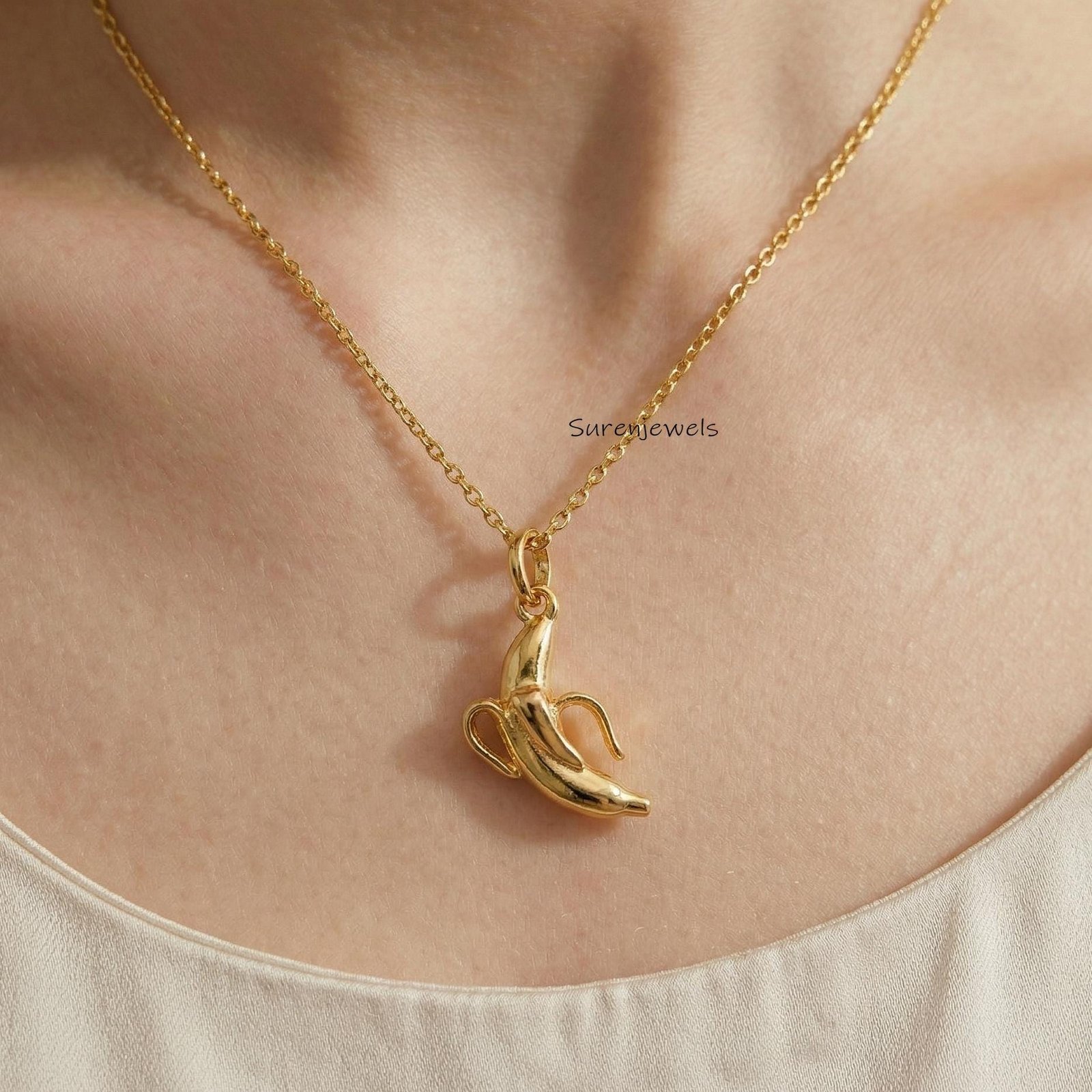 925 Sterling Silver Peeled Banana Pendant 14K Gold Vermeil Fruit Necklace Fun Foodie Jewelry - Suren Jewels | SKU: SJP 925 Sterling Silver Peeled Banana Pendant 14K Gold Vermeil Fruit Necklace Fun Foodie Jewelry - Suren Jewels | SKU: SJP