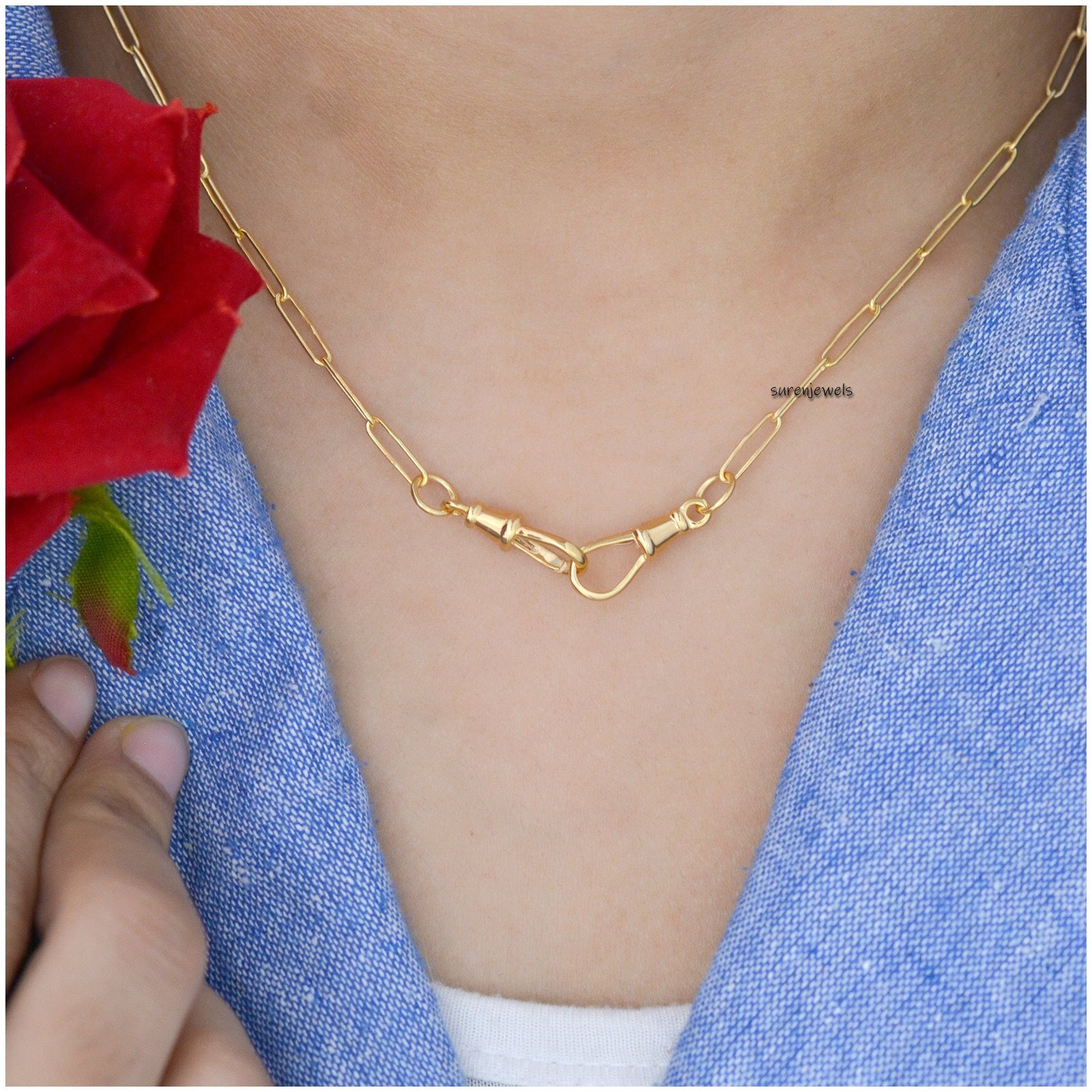 925 Sterling Silver Swivel Link Chain Necklace: Connector Lock - Suren Jewels | SKU: SJN25/G2-14KYG-11M-18I-F214-2Q 925 Sterling Silver Swivel Link Chain Necklace: Connector Lock - Suren Jewels | SKU: SJN25/G2-14KYG-11M-18I-F214-2Q