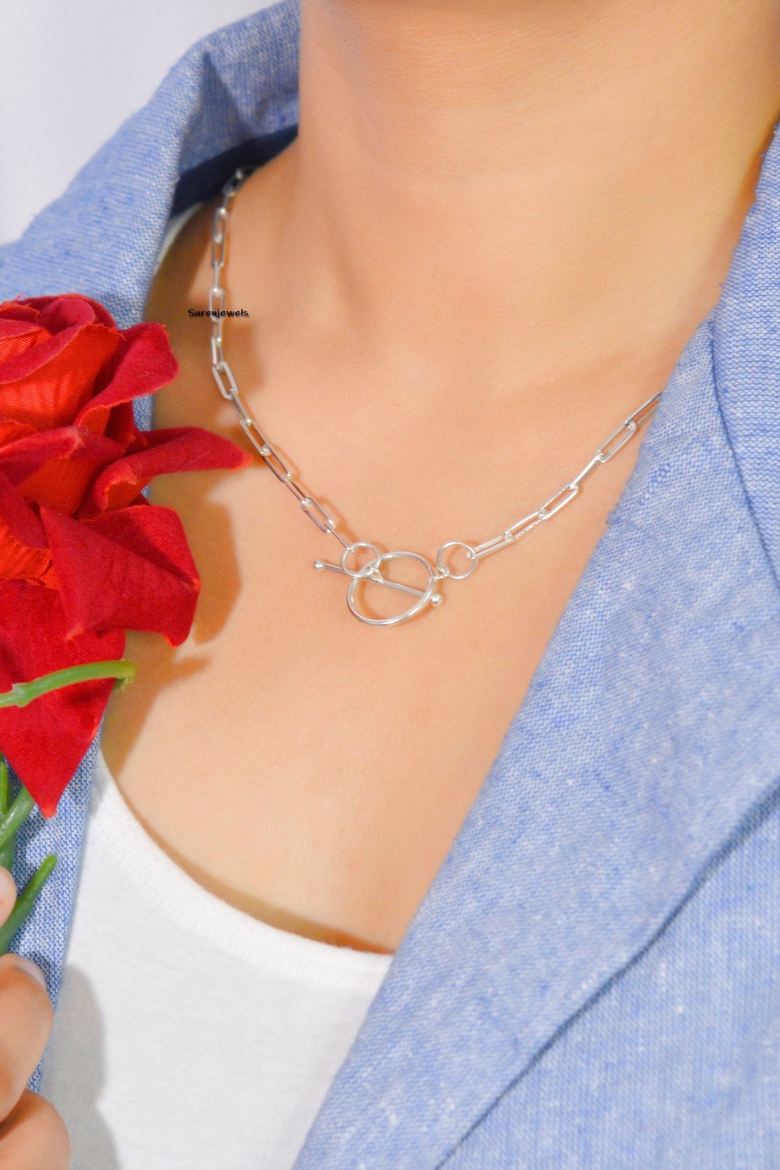 925 Sterling Silver Toggle Clasp Paperclip Link Chain - Suren Jewels | SKU: SJN217-SLWG-16I-925 925 Sterling Silver Toggle Clasp Paperclip Link Chain - Suren Jewels | SKU: SJN217-SLWG-16I-925