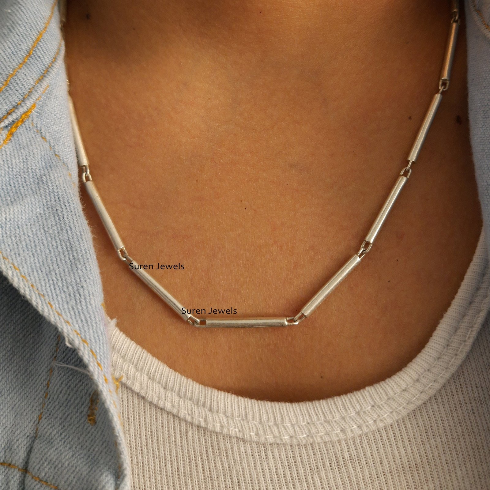 925 Sterling Silver Tube Link Bar Chain - Handmade in India - View 3 - Suren Jewels | SKU: SJN29/G18 925 Sterling Silver Tube Link Bar Chain - Handmade in India - View 3 - Suren Jewels | SKU: SJN29/G18