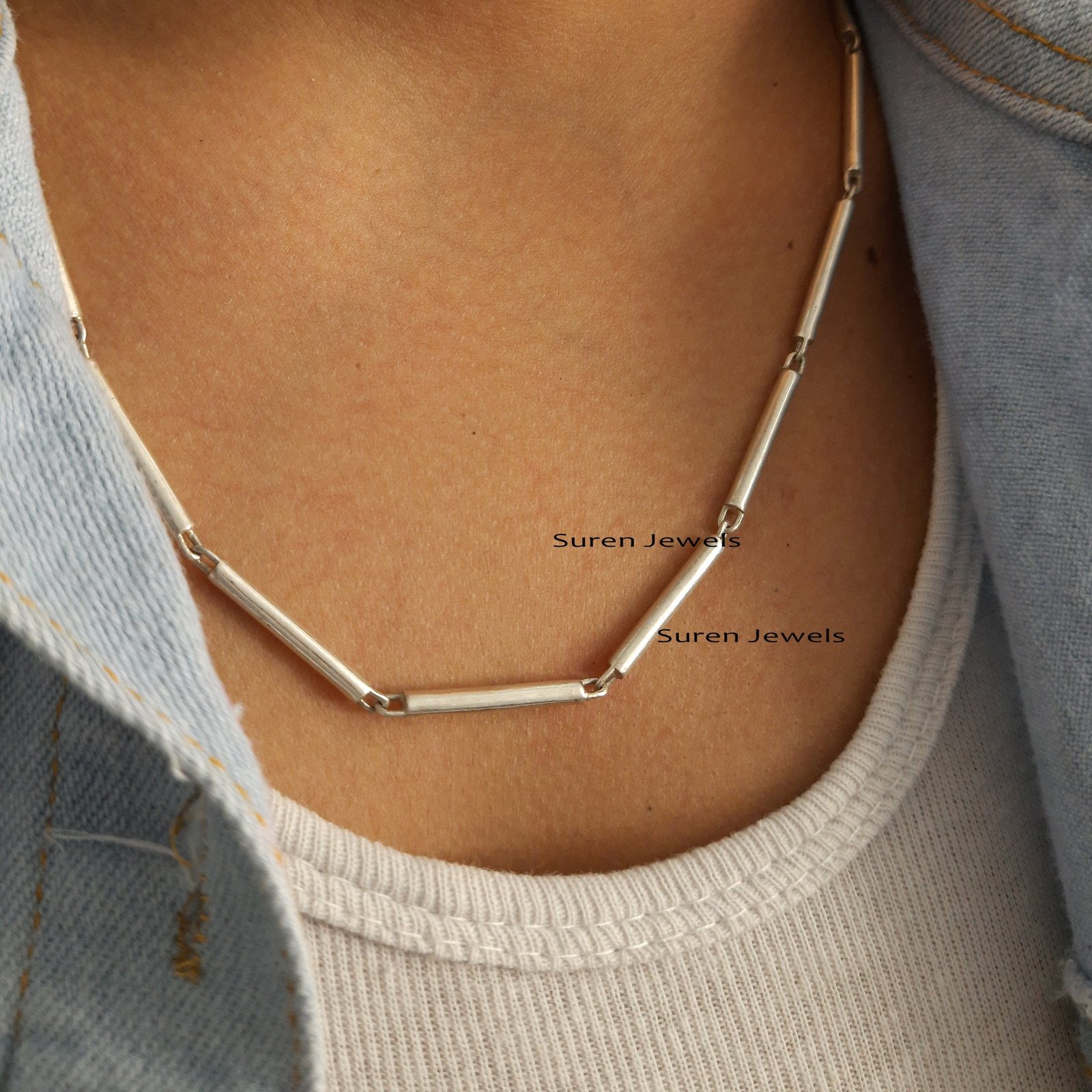 925 Sterling Silver Tube Link Bar Chain - Handmade in India - View 4 - Suren Jewels | SKU: SJN29/G18 925 Sterling Silver Tube Link Bar Chain - Handmade in India - View 4 - Suren Jewels | SKU: SJN29/G18