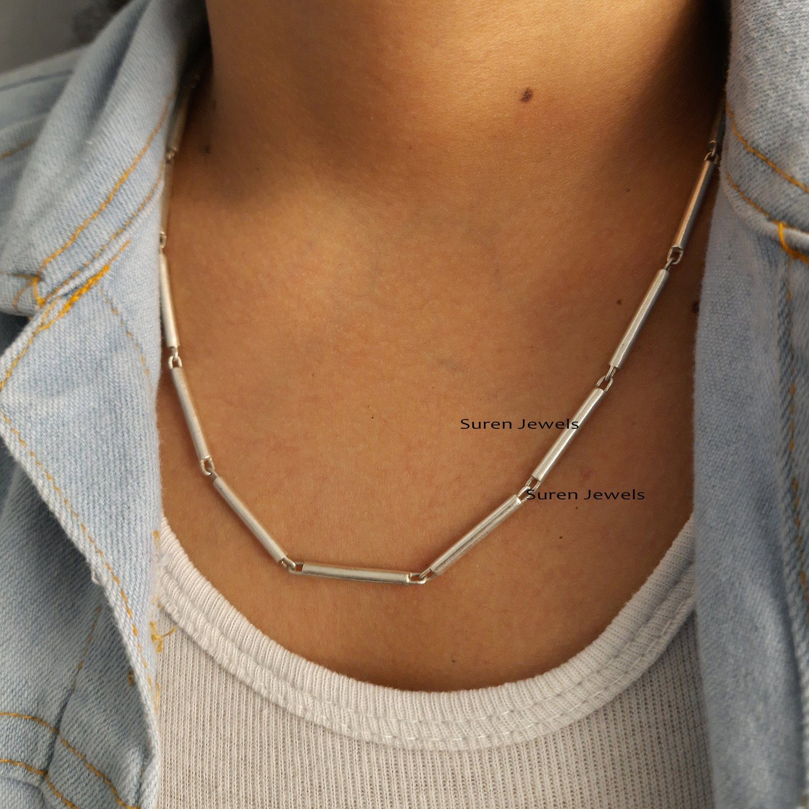 925 Sterling Silver Tube Link Bar Chain - Handmade in India - View 5 - Suren Jewels | SKU: SJN29/G18 925 Sterling Silver Tube Link Bar Chain - Handmade in India - View 5 - Suren Jewels | SKU: SJN29/G18