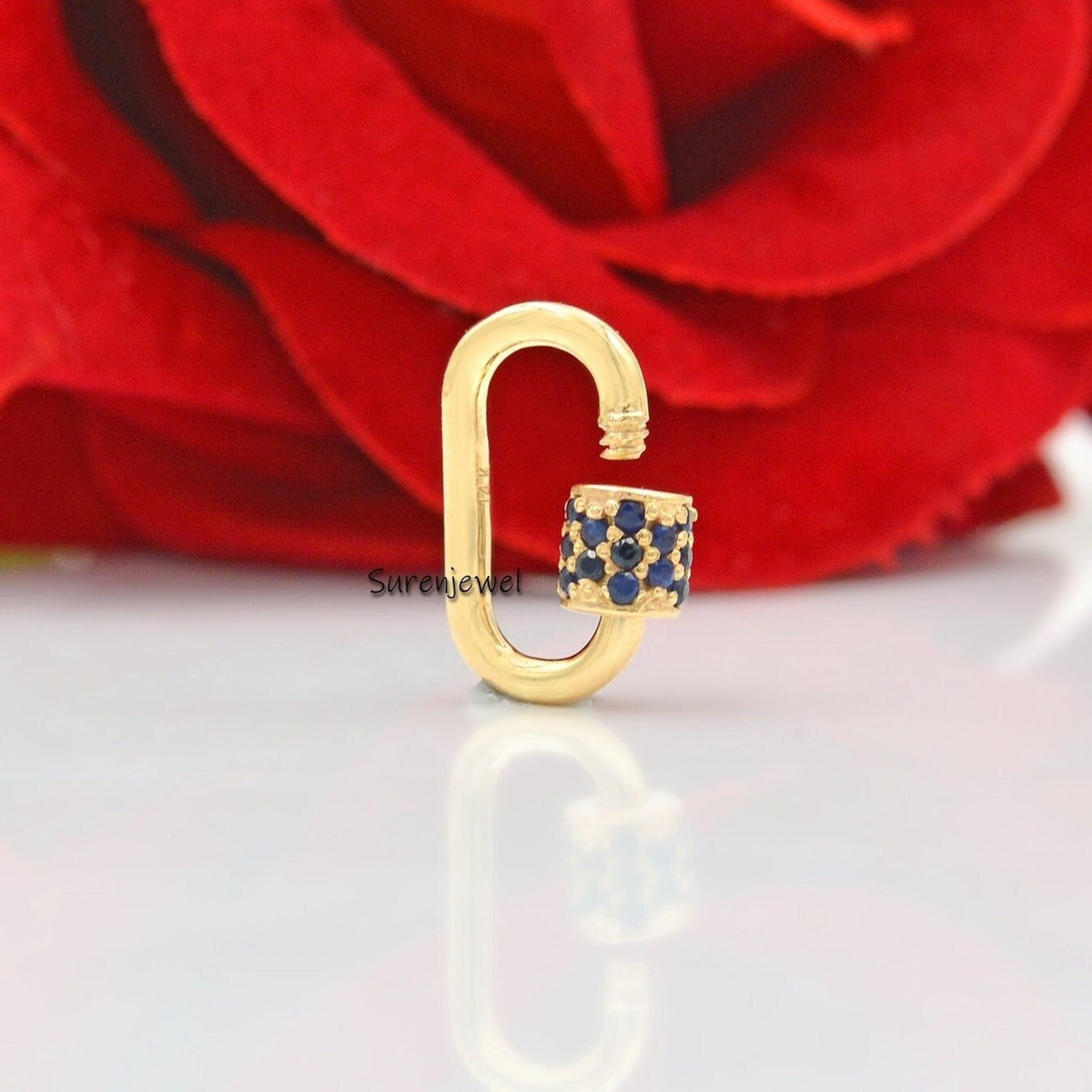 9k Gold Blue Sapphire Carabiner Lock: Handmade Pendant (15*9 mm) - Suren Jewels | SKU: SJC07-9KRGBSP-15M 9k Gold Blue Sapphire Carabiner Lock: Handmade Pendant (15*9 mm) - Suren Jewels | SKU: SJC07-9KRGBSP-15M
