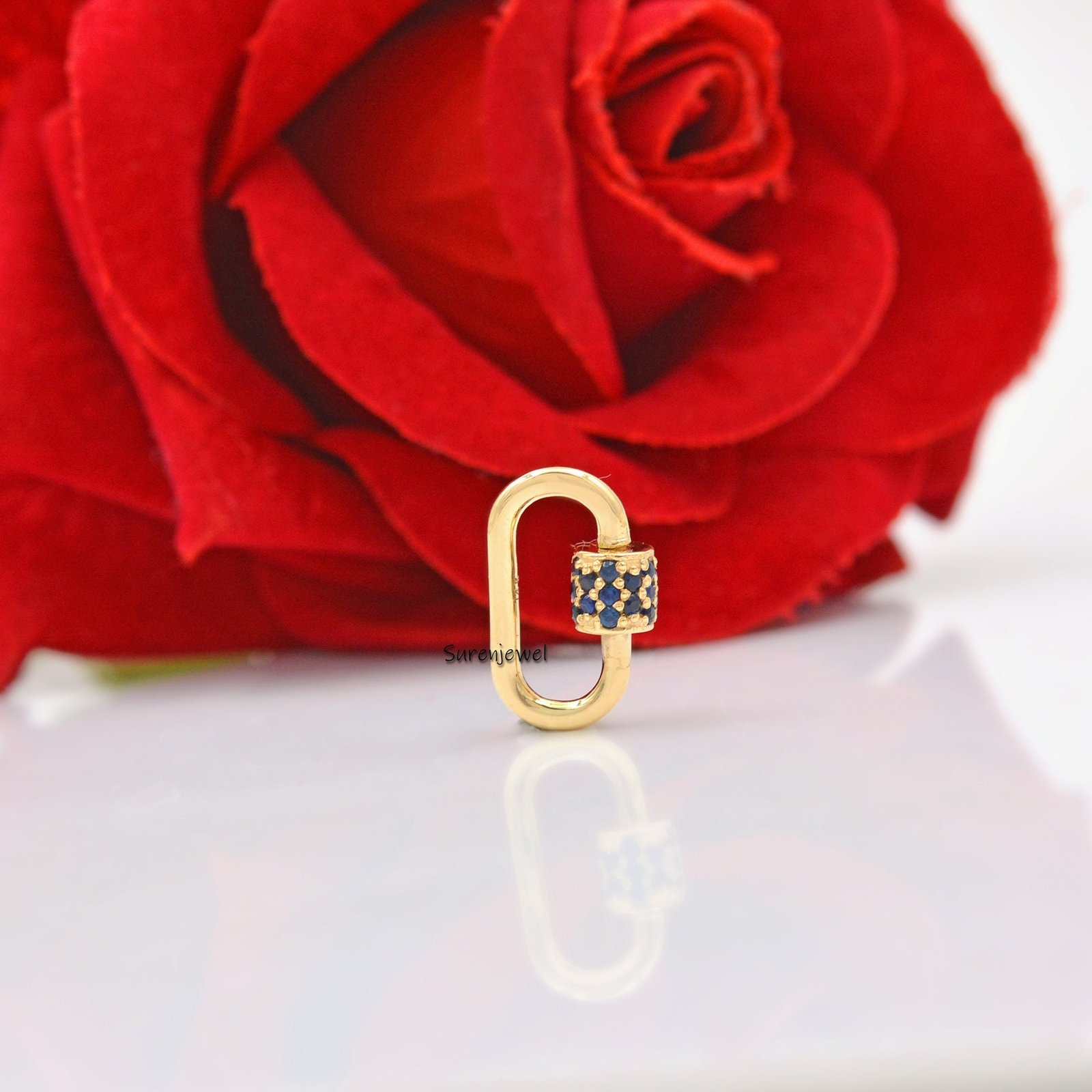 9k Gold Blue Sapphire Carabiner Lock: Handmade Pendant (15*9 mm) - View 2 - Suren Jewels | SKU: SJC07-9KRGBSP-15M 9k Gold Blue Sapphire Carabiner Lock: Handmade Pendant (15*9 mm) - View 2 - Suren Jewels | SKU: SJC07-9KRGBSP-15M
