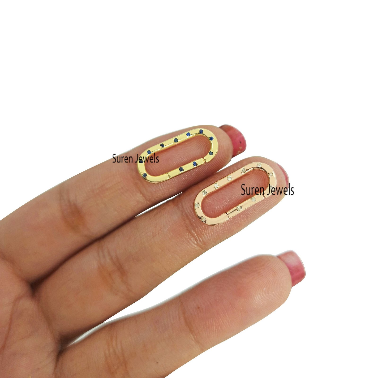 9K Gold Charm Holder Lock: Diamond & Sapphire Necklace Connector - Suren Jewels | SKU: SJP575-9KYGBSP 9K Gold Charm Holder Lock: Diamond & Sapphire Necklace Connector - Suren Jewels | SKU: SJP575-9KYGBSP
