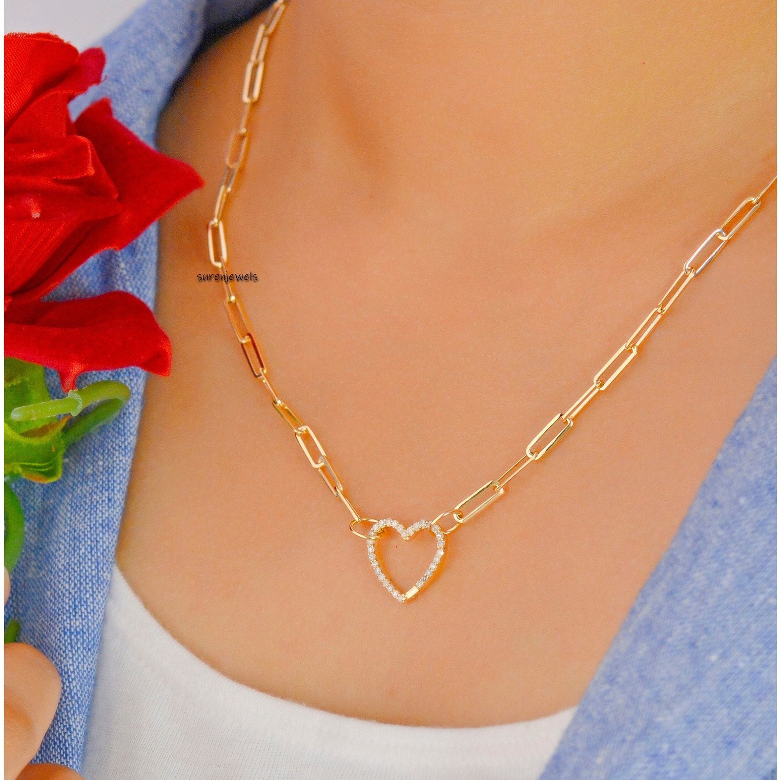 9k Gold Diamond Heart Connector Lock: Paperclip Chain Enhancer - Suren Jewels | SKU: SJP536-9KYGDI-N47-18I 9k Gold Diamond Heart Connector Lock: Paperclip Chain Enhancer - Suren Jewels | SKU: SJP536-9KYGDI-N47-18I