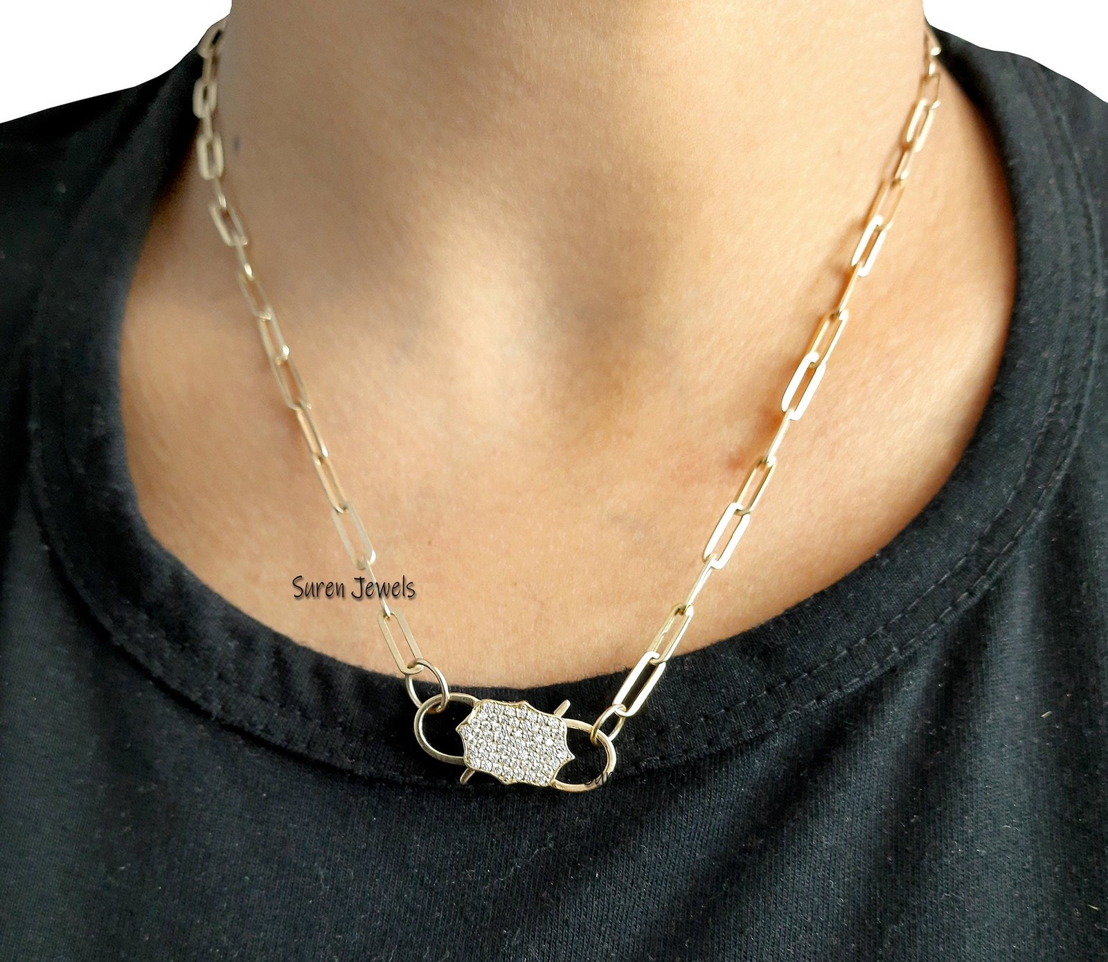 9K Gold Diamond Padlock Pendant: Pave Jewelry, 18 inch Chain - View 7 - Suren Jewels | SKU: SJP33-9KYGCZ-N47-18I 9K Gold Diamond Padlock Pendant: Pave Jewelry, 18 inch Chain - View 7 - Suren Jewels | SKU: SJP33-9KYGCZ-N47-18I