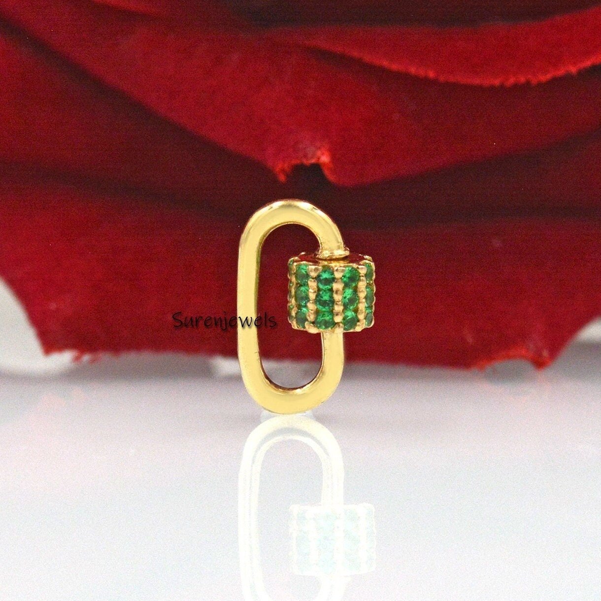9K Gold Emerald Carabiner Lock - Suren Jewels | SKU: SJC131-9KYG 9K Gold Emerald Carabiner Lock - Suren Jewels | SKU: SJC131-9KYG