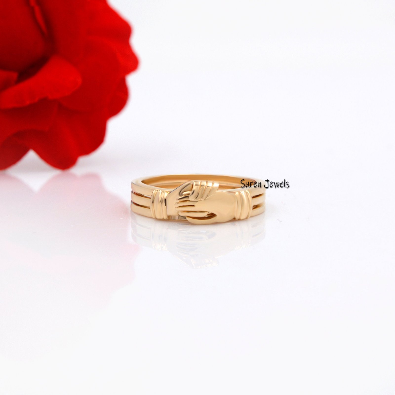 9K Gold Fede Ring: Holding Hands Gimmel Ring - Suren Jewels | SKU: SJR236- 9K Gold Fede Ring: Holding Hands Gimmel Ring - Suren Jewels | SKU: SJR236-