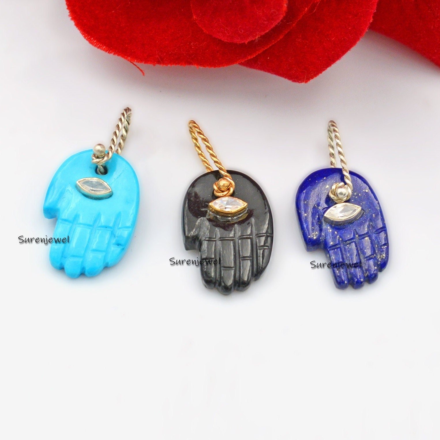 9K Gold Gemstone Figa Hand Pendant: Malachite, Turquoise, Lapis, Coral - Suren Jewels | SKU: SJP1023- 9K Gold Gemstone Figa Hand Pendant: Malachite, Turquoise, Lapis, Coral - Suren Jewels | SKU: SJP1023-