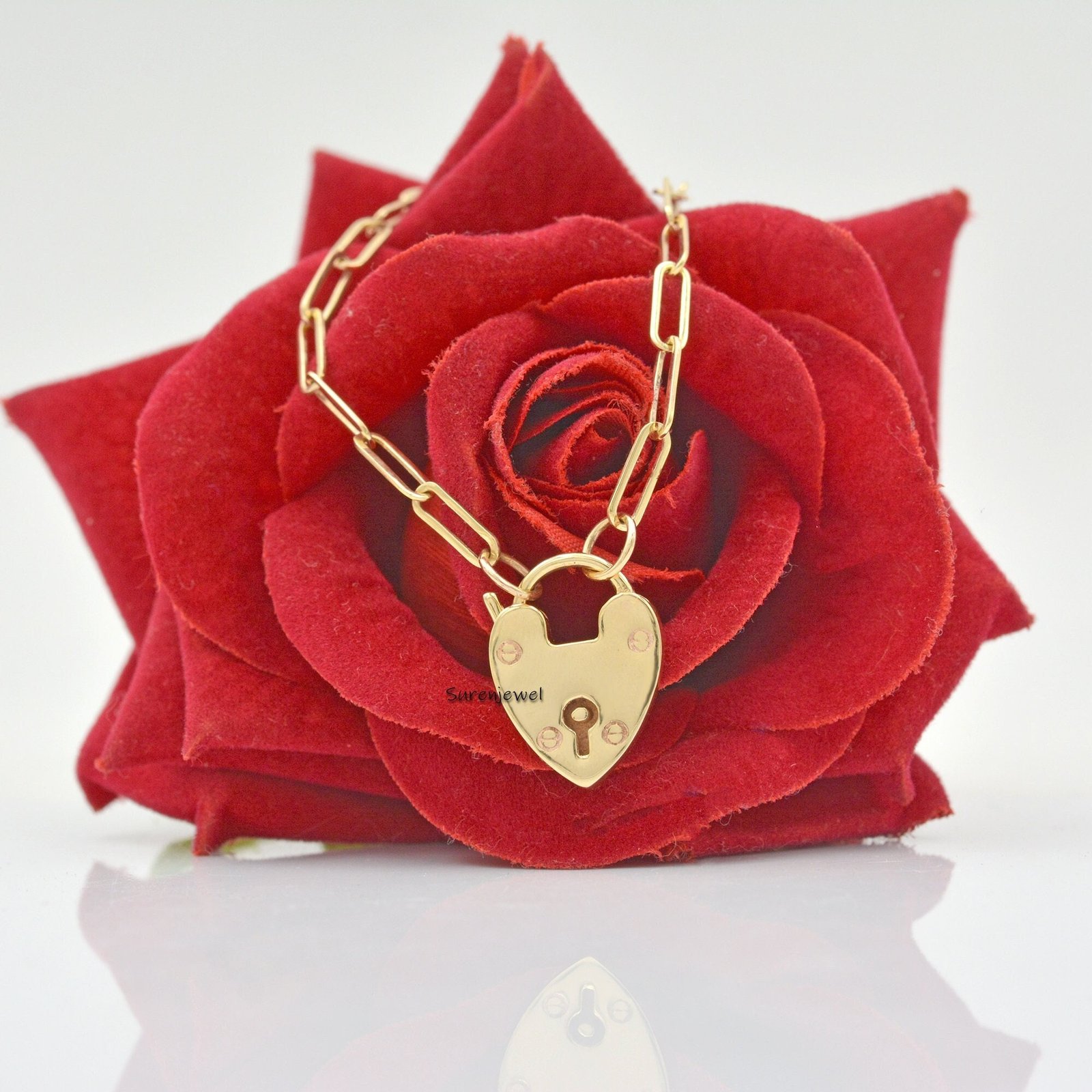 9k Gold Heart Padlock Paperclip Necklace - Handmade Jewelry - Suren Jewels | SKU: SJP48-9KYG-N47-18I 9k Gold Heart Padlock Paperclip Necklace - Handmade Jewelry - Suren Jewels | SKU: SJP48-9KYG-N47-18I