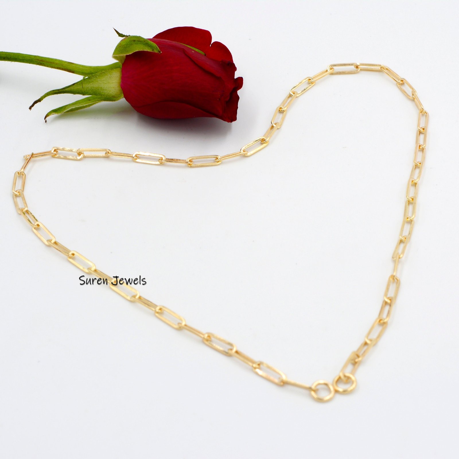 9K Gold Paper Clip Chain Necklace: Oval Link Carabiner Connector - View 6 - Suren Jewels | SKU: SJN47-9kyg/G1-14KYG-10M-18I 9K Gold Paper Clip Chain Necklace: Oval Link Carabiner Connector - View 6 - Suren Jewels | SKU: SJN47-9kyg/G1-14KYG-10M-18I