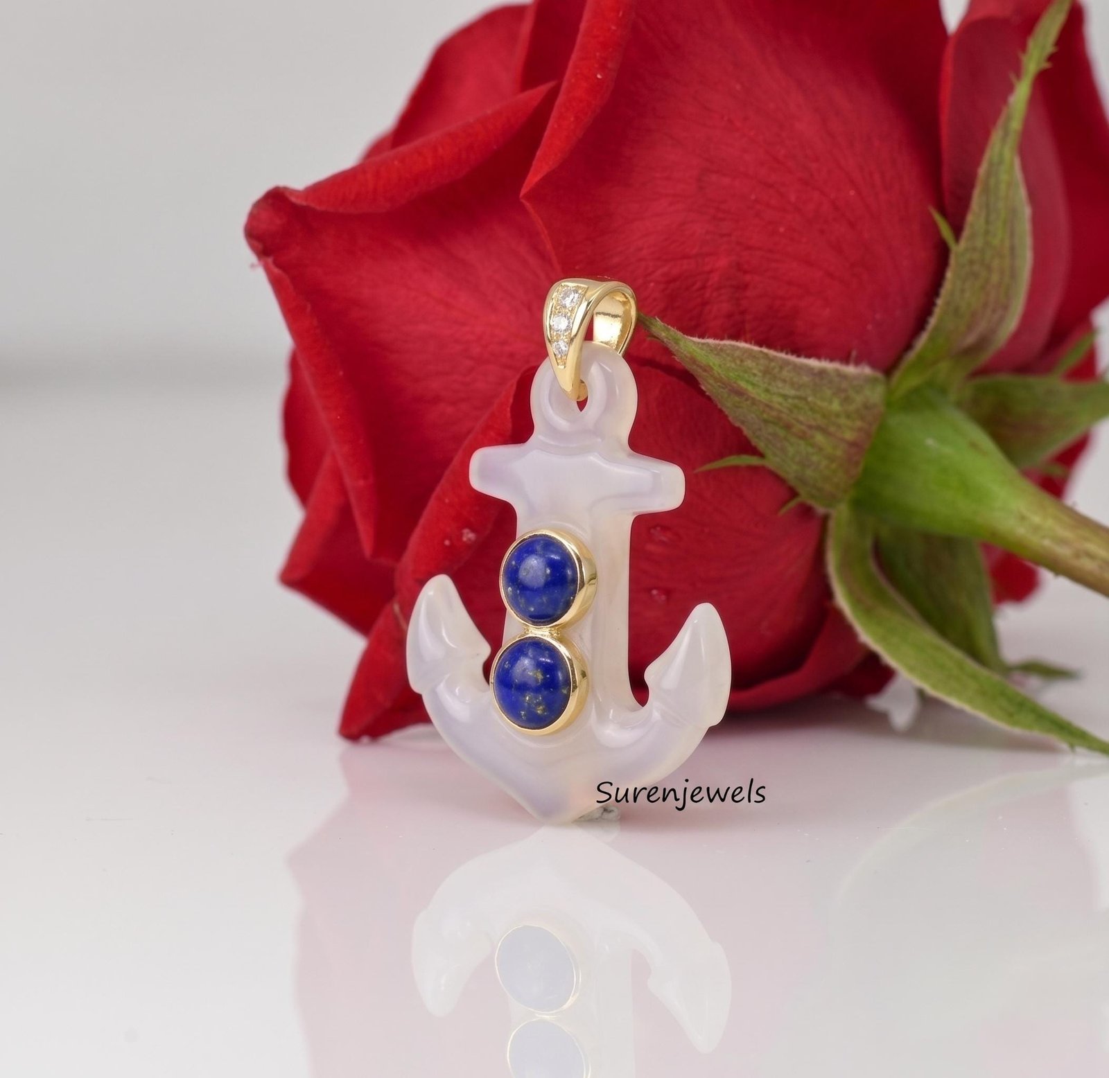 Carved Gemstone Anchor Pendant, handmade Gemstone Anchor Pendant, Designer Carved Anchor Jewelry - View 3 - Suren Jewels | SK Carved Gemstone Anchor Pendant, handmade Gemstone Anchor Pendant, Designer Carved Anchor Jewelry - View 3 - Suren Jewels | SK