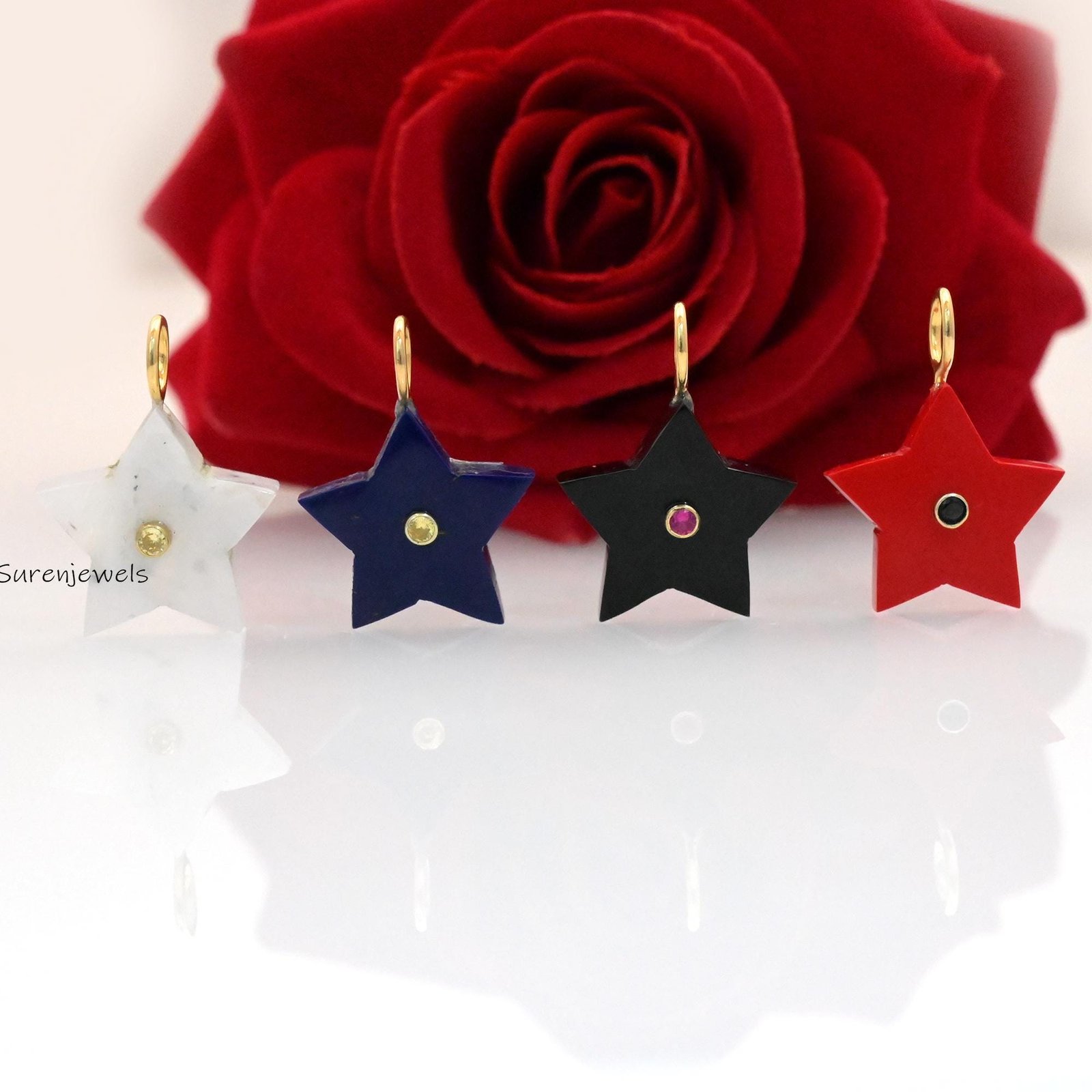 Carved Gemstone Star Pendant: Turquoise, Malachite, Lapis, Handmade Charm - Suren Jewels | SKU: SJP3359 Carved Gemstone Star Pendant: Turquoise, Malachite, Lapis, Handmade Charm - Suren Jewels | SKU: SJP3359