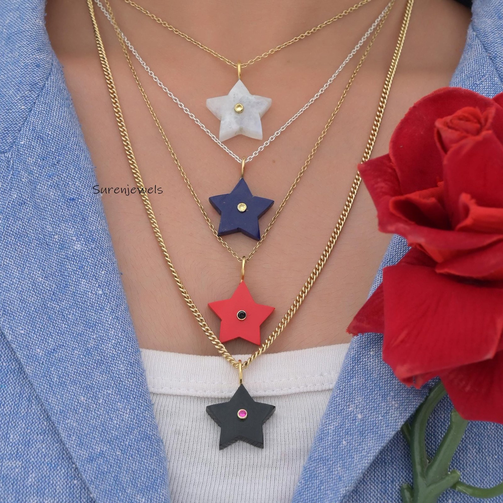 Carved Gemstone Star Pendant: Turquoise, Malachite, Lapis, Handmade Charm - View 2 - Suren Jewels | SKU: SJP3359 Carved Gemstone Star Pendant: Turquoise, Malachite, Lapis, Handmade Charm - View 2 - Suren Jewels | SKU: SJP3359