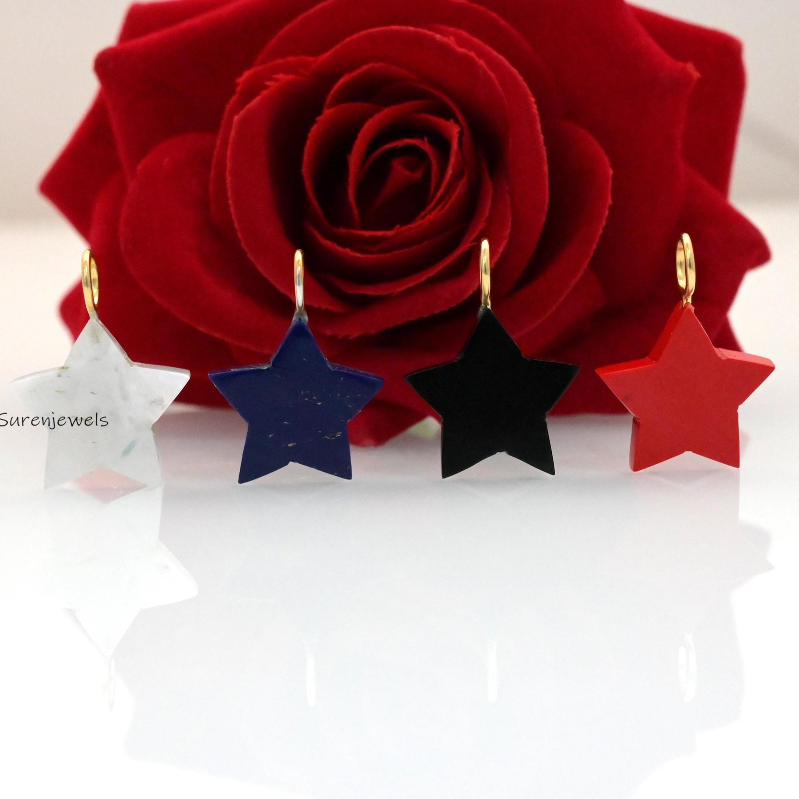 Carved Gemstone Star Pendant: Turquoise, Malachite, Lapis, Handmade Charm - View 3 - Suren Jewels | SKU: SJP3359 Carved Gemstone Star Pendant: Turquoise, Malachite, Lapis, Handmade Charm - View 3 - Suren Jewels | SKU: SJP3359