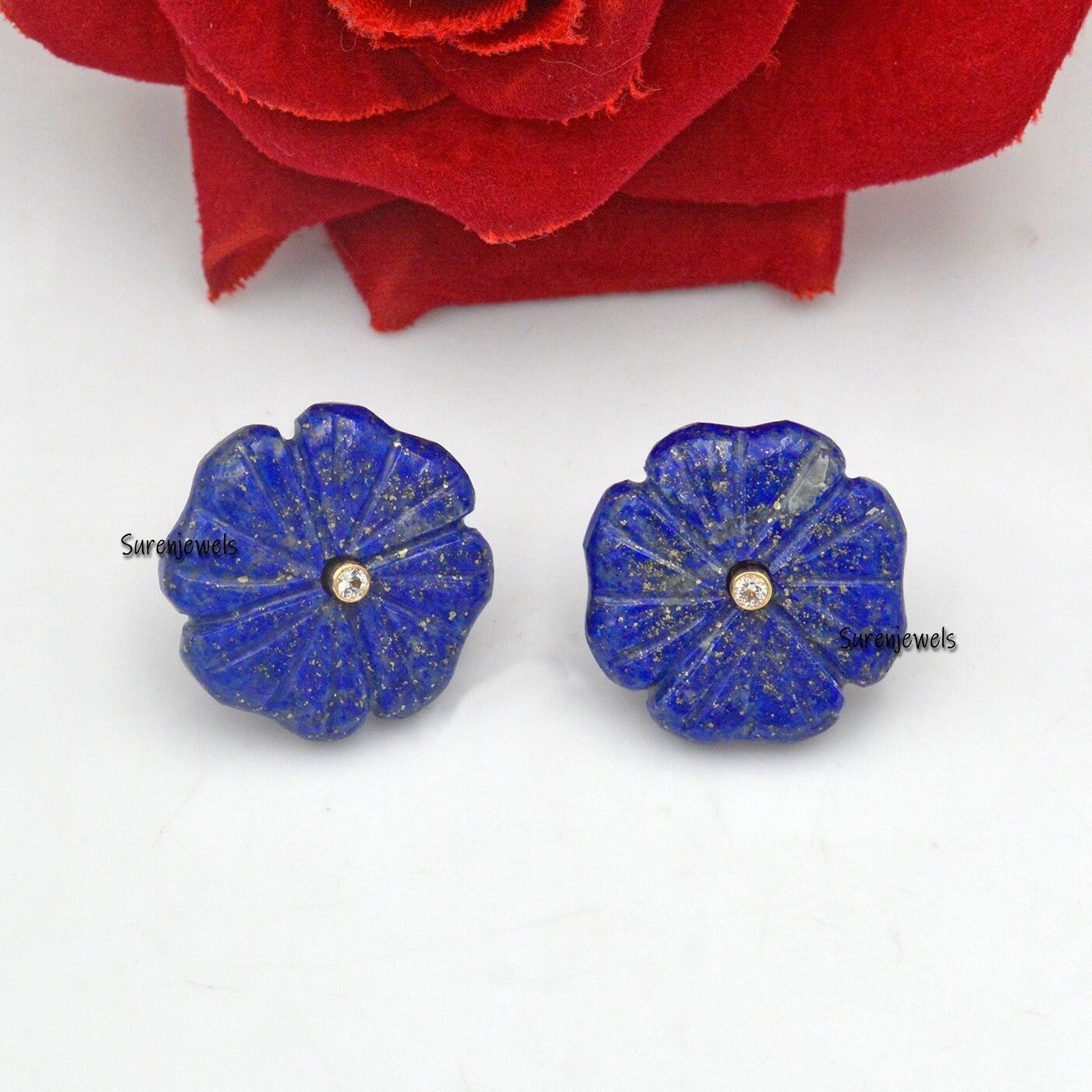 Carved Lapis Lazuli Flower Stud Earrings: Vintage Gemstone Dangle - Suren Jewels | SKU: SJE963-14KYGAZWT-20M Carved Lapis Lazuli Flower Stud Earrings: Vintage Gemstone Dangle - Suren Jewels | SKU: SJE963-14KYGAZWT-20M