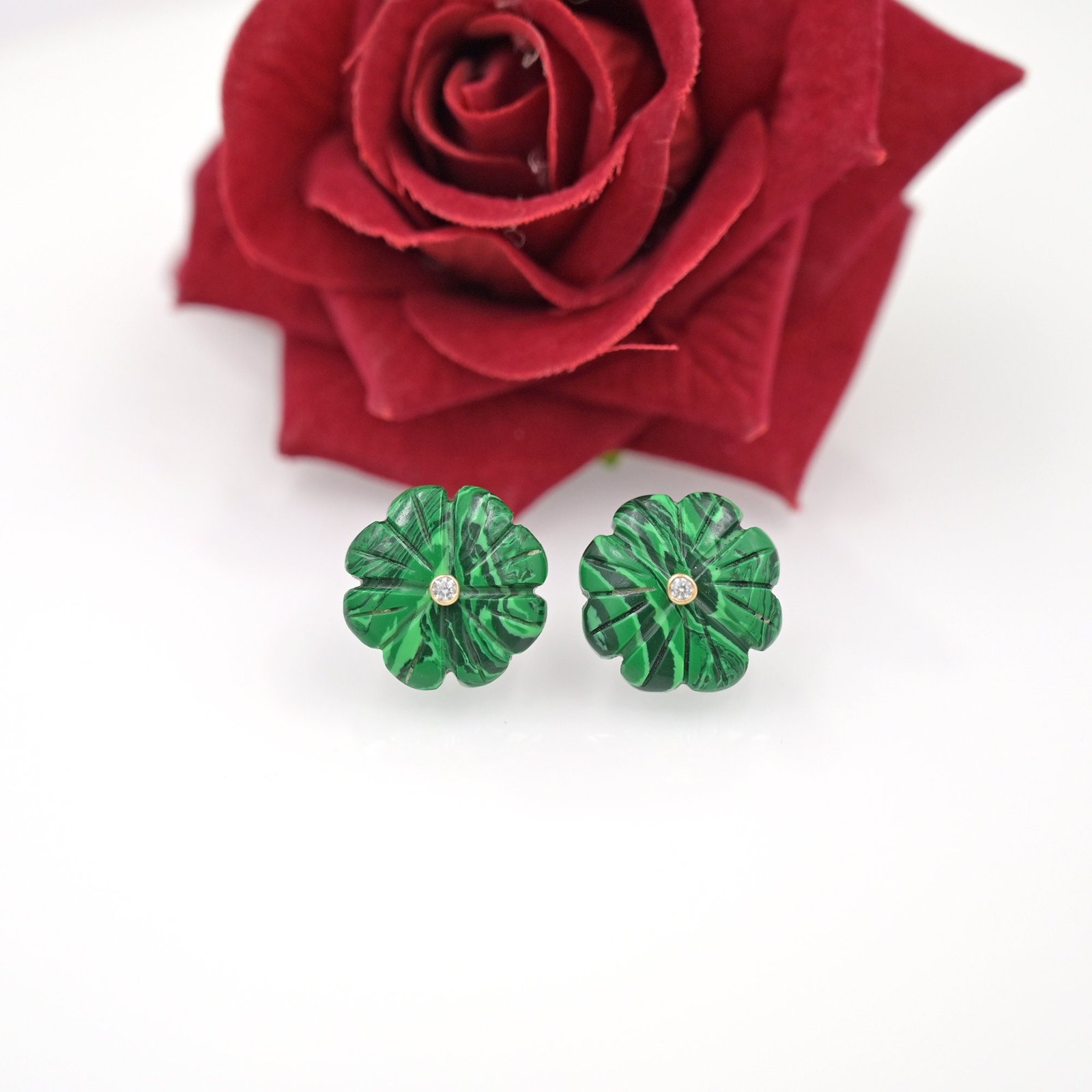 Carved Lapis Lazuli Flower Stud Earrings: Vintage Gemstone Dangle - View 2 - Suren Jewels | SKU: SJE963-14KYGAZWT-20M Carved Lapis Lazuli Flower Stud Earrings: Vintage Gemstone Dangle - View 2 - Suren Jewels | SKU: SJE963-14KYGAZWT-20M