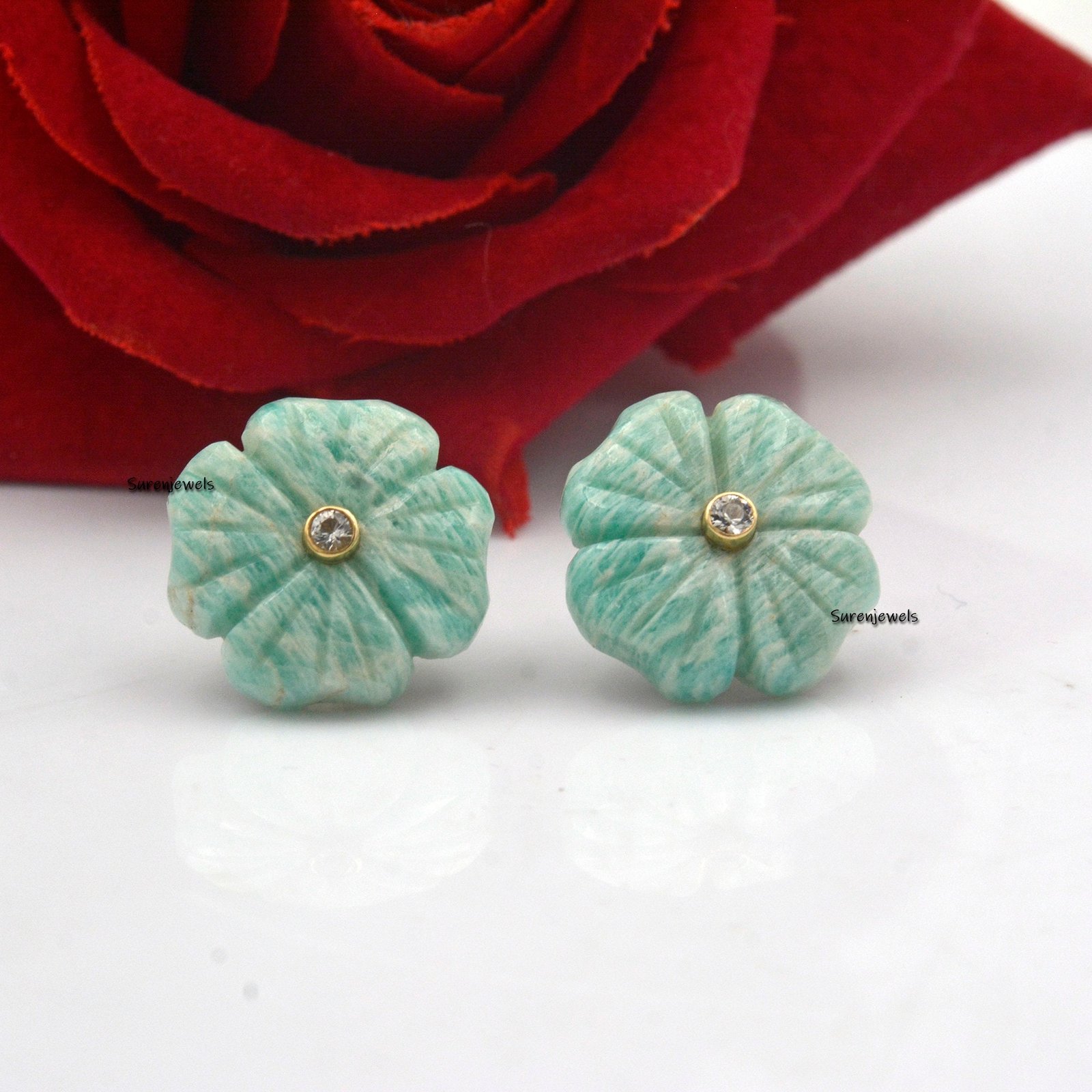 Carved Lapis Lazuli Flower Stud Earrings: Vintage Gemstone Dangle - View 3 - Suren Jewels | SKU: SJE963-14KYGAZWT-20M Carved Lapis Lazuli Flower Stud Earrings: Vintage Gemstone Dangle - View 3 - Suren Jewels | SKU: SJE963-14KYGAZWT-20M