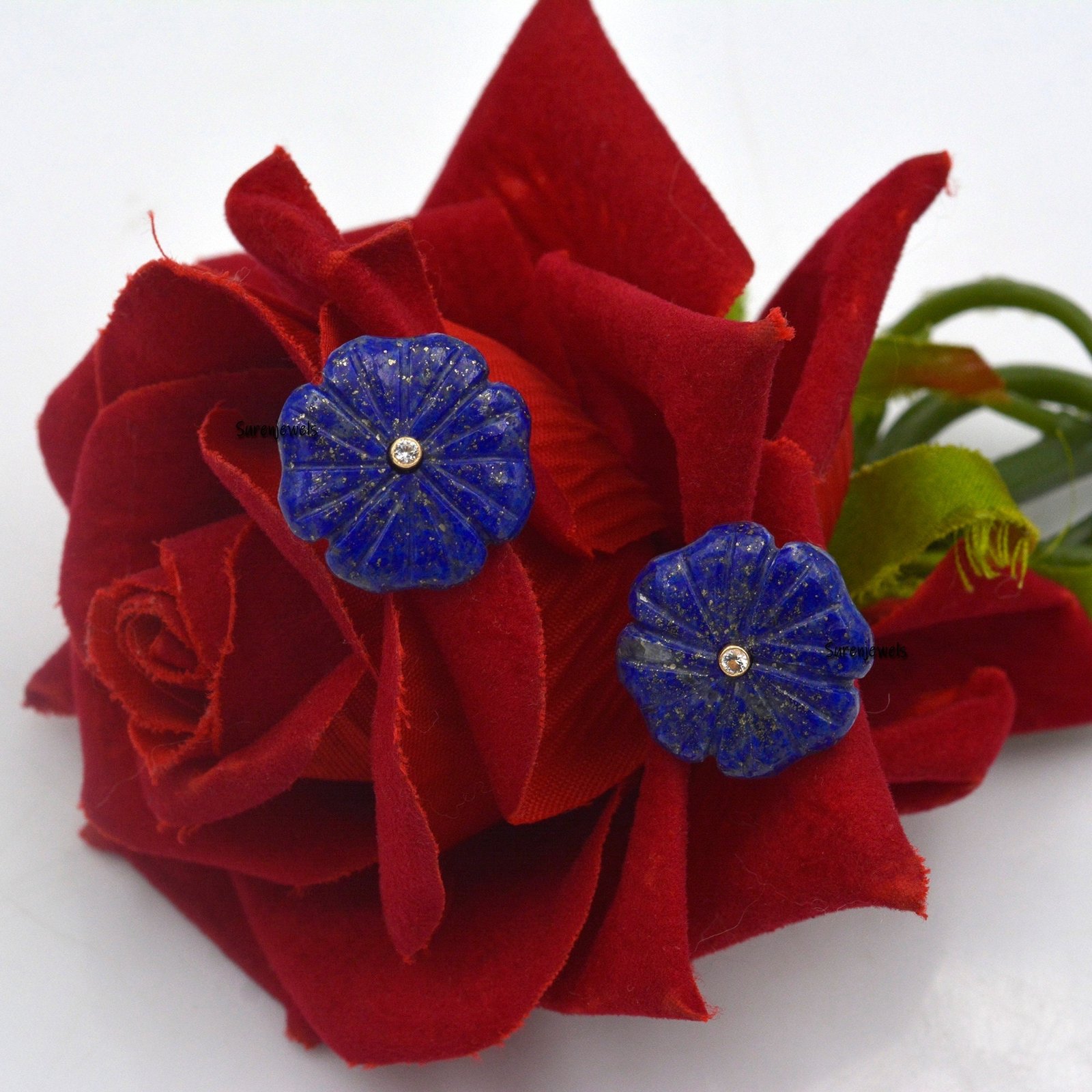 Carved Lapis Lazuli Flower Stud Earrings: Vintage Gemstone Dangle - View 4 - Suren Jewels | SKU: SJE963-14KYGAZWT-20M Carved Lapis Lazuli Flower Stud Earrings: Vintage Gemstone Dangle - View 4 - Suren Jewels | SKU: SJE963-14KYGAZWT-20M
