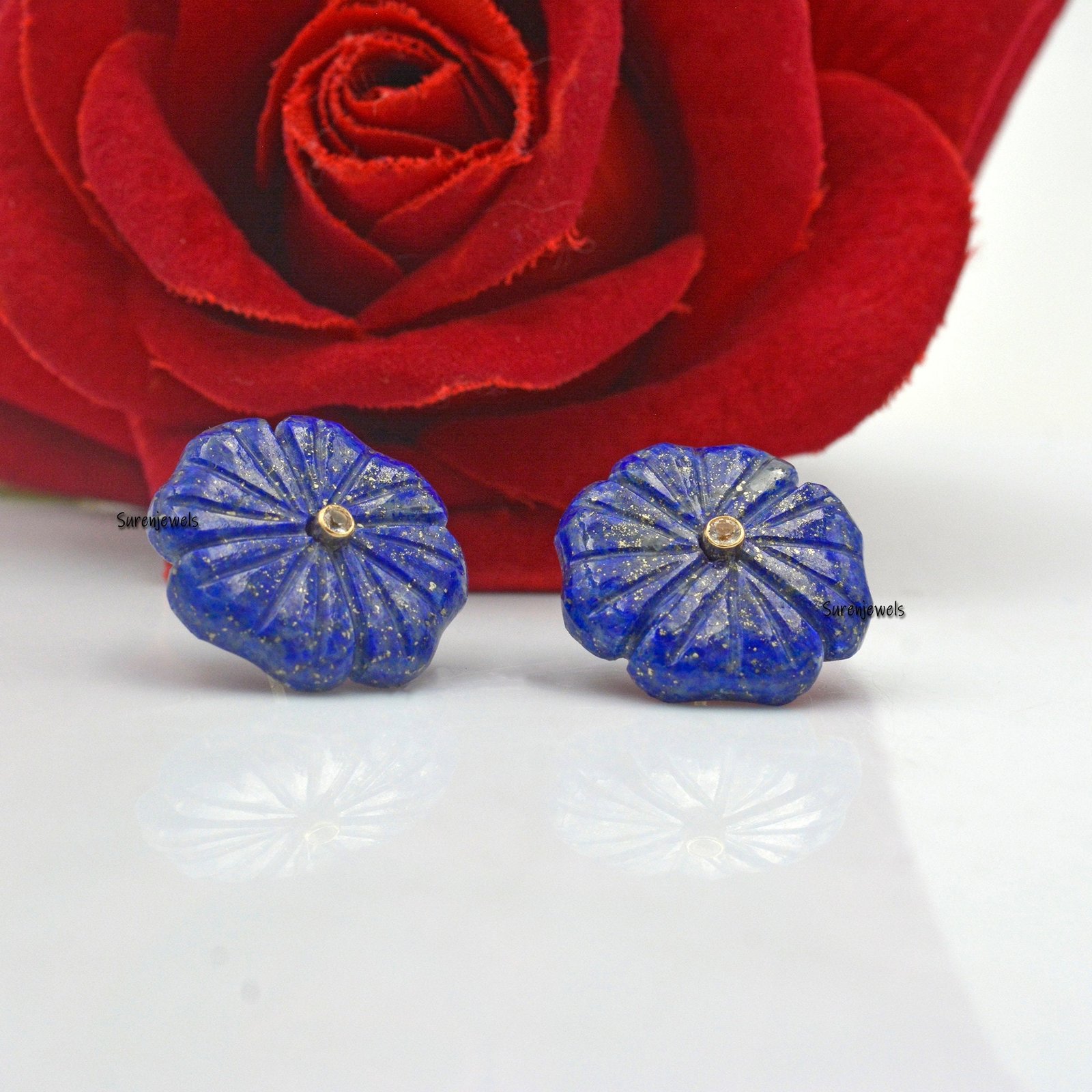 Carved Lapis Lazuli Flower Stud Earrings: Vintage Gemstone Dangle - View 5 - Suren Jewels | SKU: SJE963-14KYGAZWT-20M Carved Lapis Lazuli Flower Stud Earrings: Vintage Gemstone Dangle - View 5 - Suren Jewels | SKU: SJE963-14KYGAZWT-20M