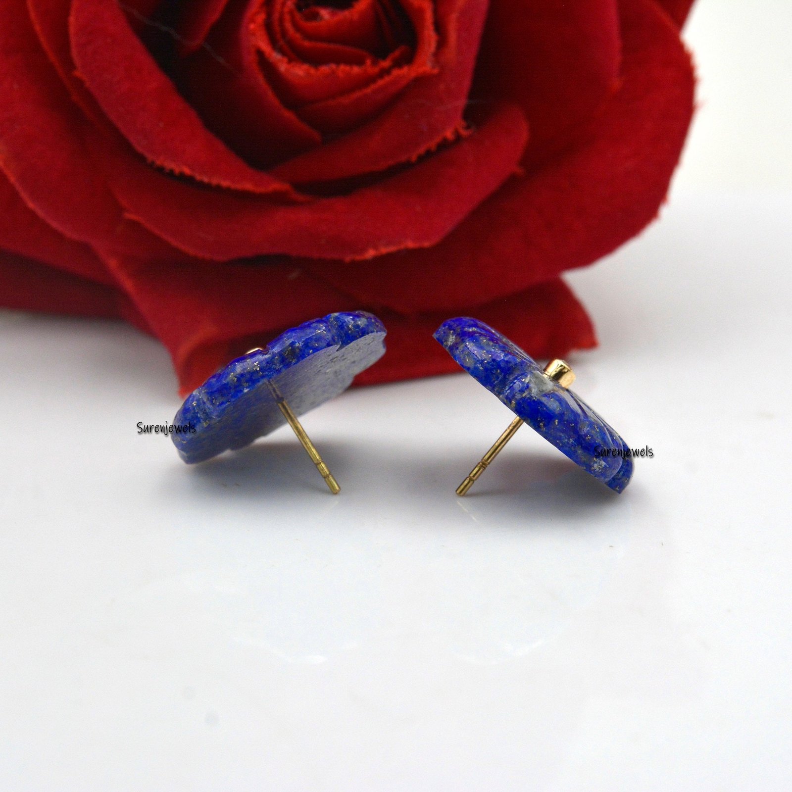 Carved Lapis Lazuli Flower Stud Earrings: Vintage Gemstone Dangle - View 6 - Suren Jewels | SKU: SJE963-14KYGAZWT-20M Carved Lapis Lazuli Flower Stud Earrings: Vintage Gemstone Dangle - View 6 - Suren Jewels | SKU: SJE963-14KYGAZWT-20M