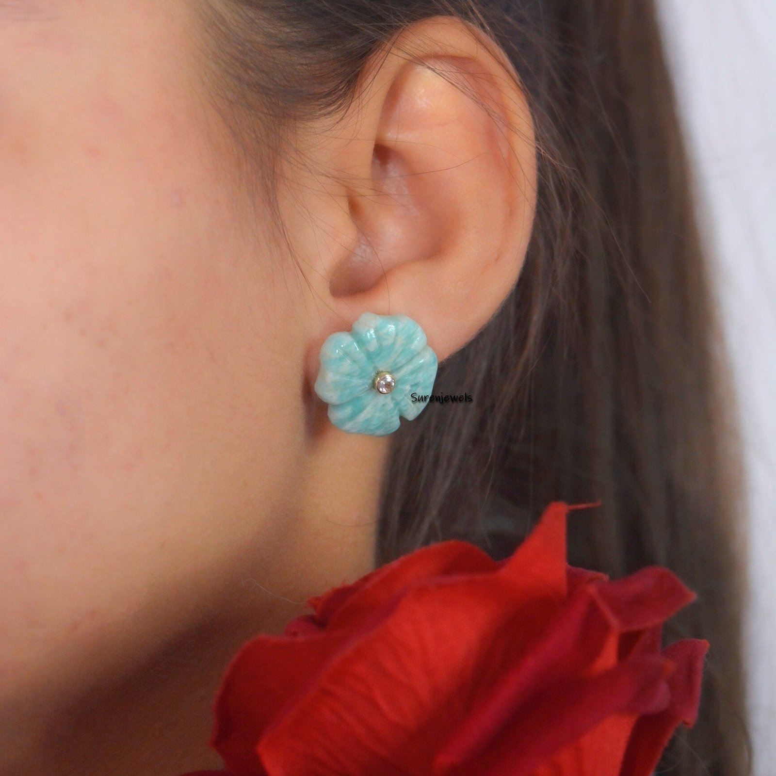 Carved Lapis Lazuli Flower Stud Earrings: Vintage Gemstone Dangle - View 7 - Suren Jewels | SKU: SJE963-14KYGAZWT-20M Carved Lapis Lazuli Flower Stud Earrings: Vintage Gemstone Dangle - View 7 - Suren Jewels | SKU: SJE963-14KYGAZWT-20M