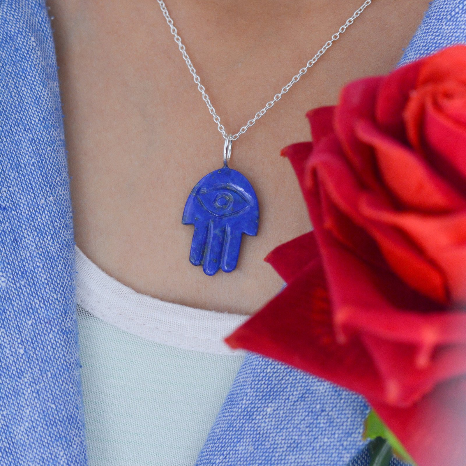 Carved Lapis Lazuli Hamsa Pendant: 14k Gold & Ruby Amulet - Suren Jewels | SKU: SJP1390 Carved Lapis Lazuli Hamsa Pendant: 14k Gold & Ruby Amulet - Suren Jewels | SKU: SJP1390