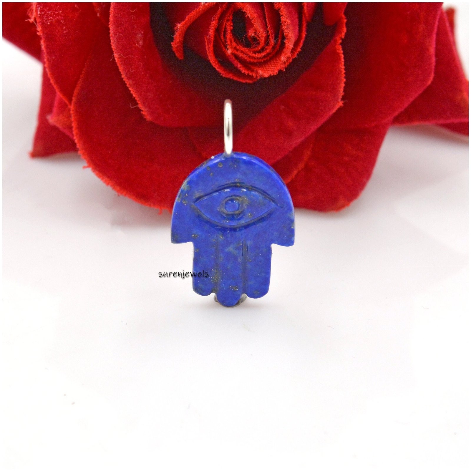 Carved Lapis Lazuli Hamsa Pendant: 14k Gold & Ruby Amulet - View 2 - Suren Jewels | SKU: SJP1390 Carved Lapis Lazuli Hamsa Pendant: 14k Gold & Ruby Amulet - View 2 - Suren Jewels | SKU: SJP1390