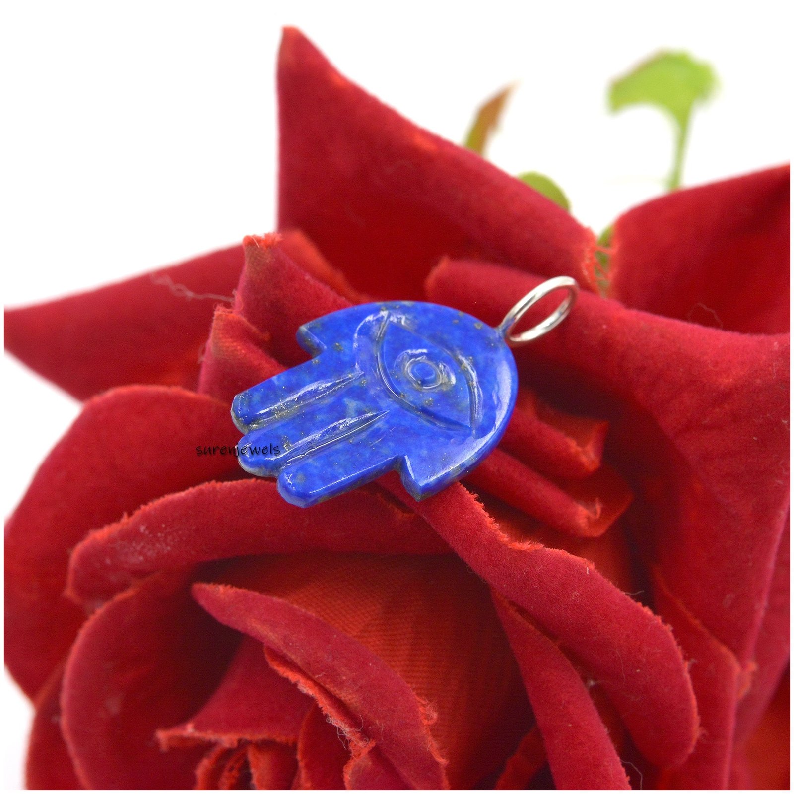 Carved Lapis Lazuli Hamsa Pendant: 14k Gold & Ruby Amulet - View 3 - Suren Jewels | SKU: SJP1390 Carved Lapis Lazuli Hamsa Pendant: 14k Gold & Ruby Amulet - View 3 - Suren Jewels | SKU: SJP1390